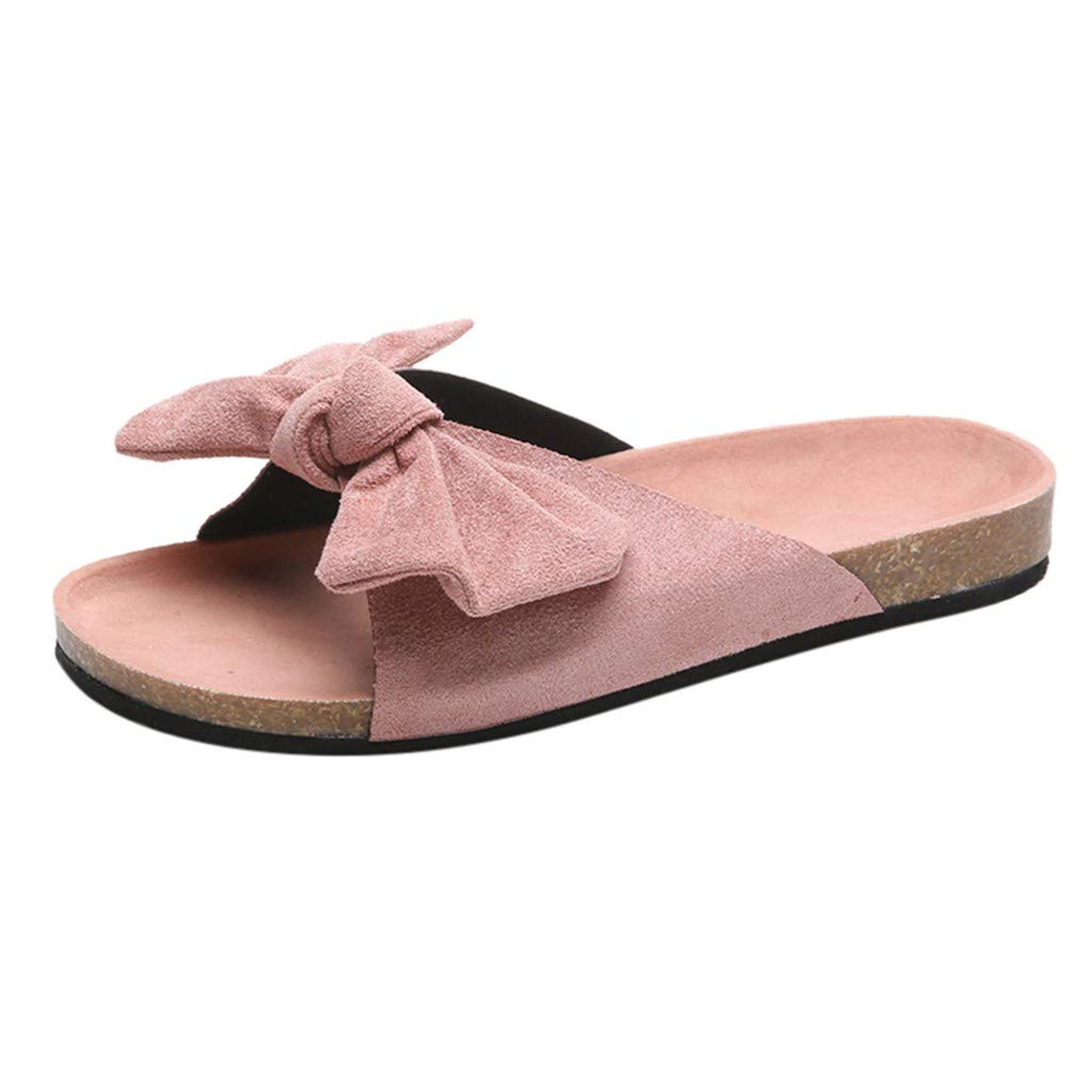 Women's Flat Slide Sandals with Cork Sole & Cute Knot Bow - Breathable Canvas Summer Sandals for Beach, Pool, and Casual Outings
