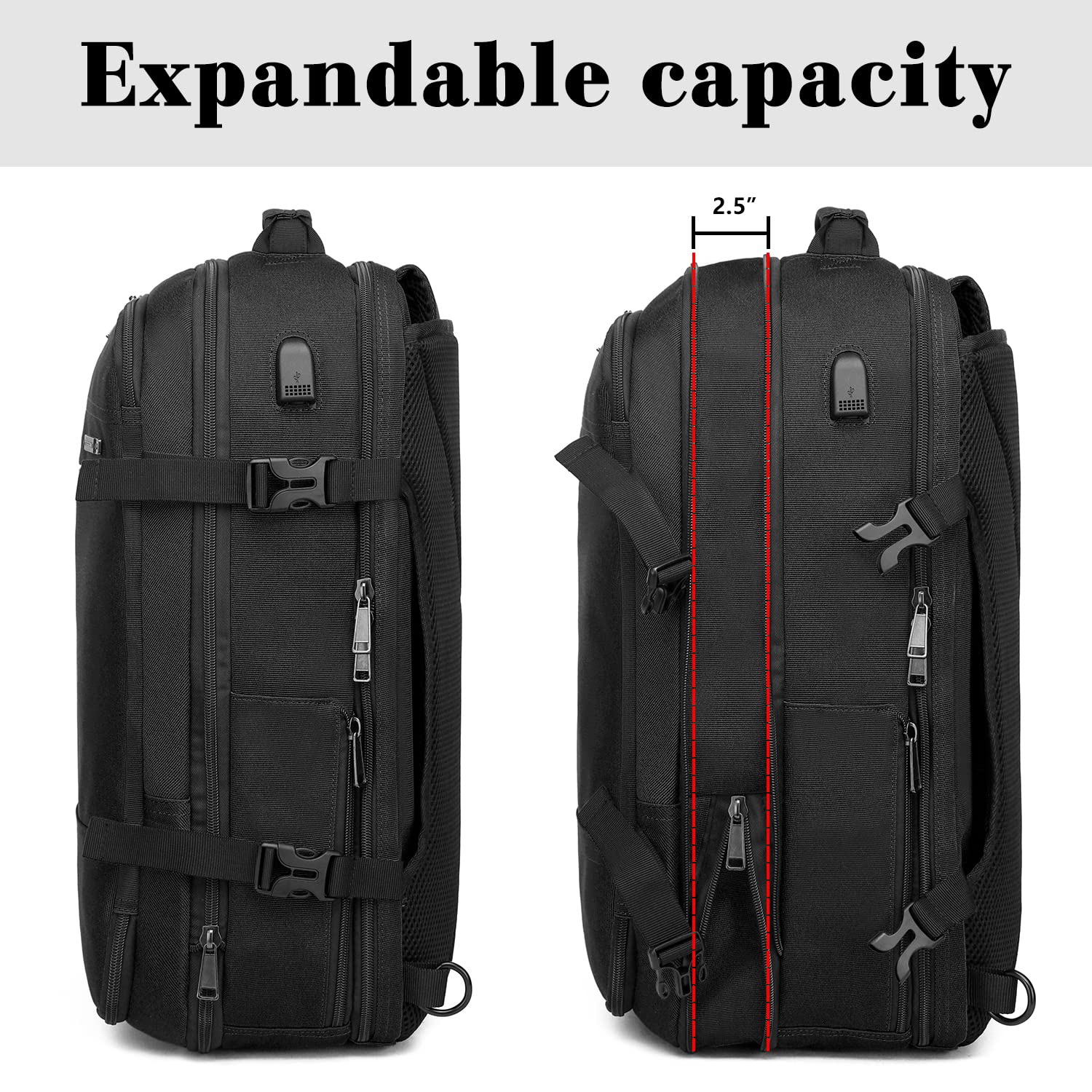 TUGUAN 17 Inch Expandable Laptop Backpack 36L with USB Charging Port - Black Business Backpack for Men & Women, Ideal for Work, Commuting, and Travel