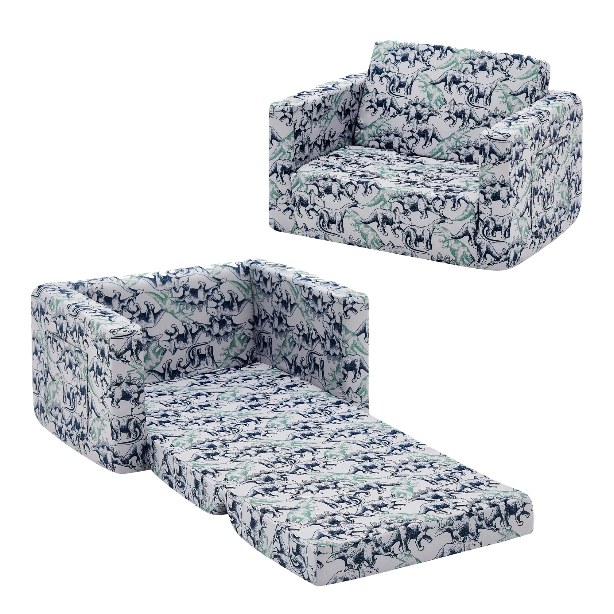 ULAX Kids 2-in-1 Convertible Sofa Chair - Flip-Out Sleeper Couch for Children's Room, Playroom & Nursery (Grey Dinosaur Design) - Perfect for Nap Time, Playtime & Sleepovers