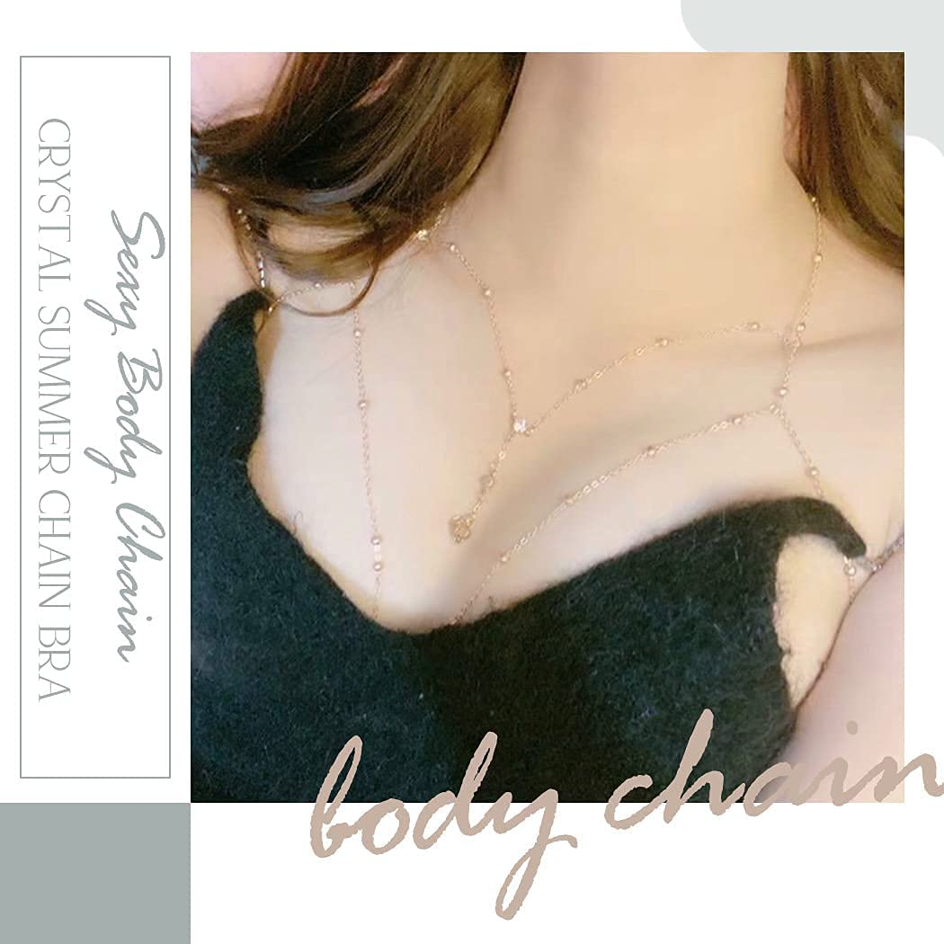 Dreamyn Boho Rhinestone Body Chain - Silver Crystal Bikini Jewelry for Women | Summer Beach Accessories, Festival Outfit Enhancer, Swimwear Decor (Gold)