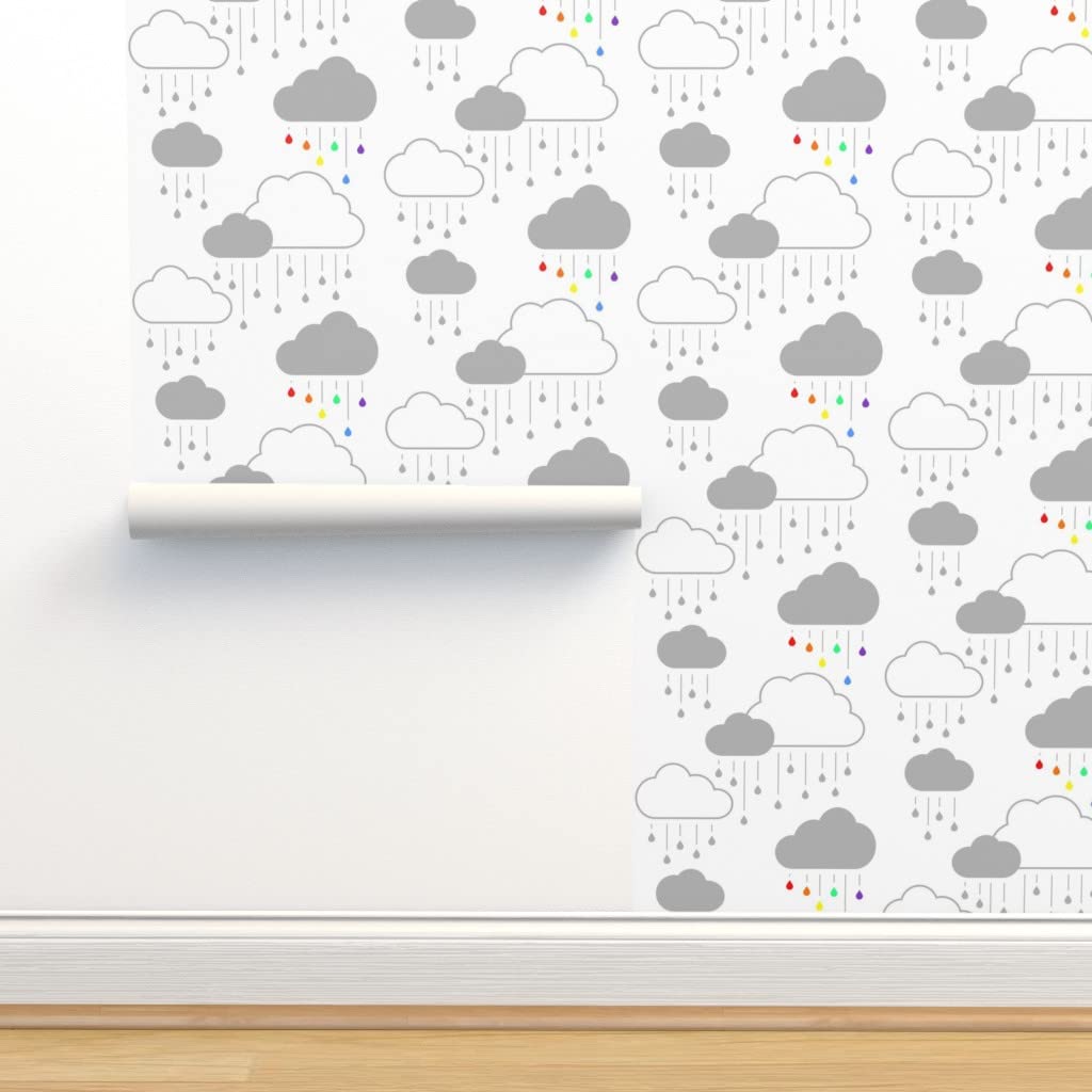 Peel & Stick Removable Wallpaper 12ft x 2ft - Cloud Rain Gray Rainbow White Colors | Nursery, Bedroom, Kids Room Decor | Easy DIY Home Improvement
