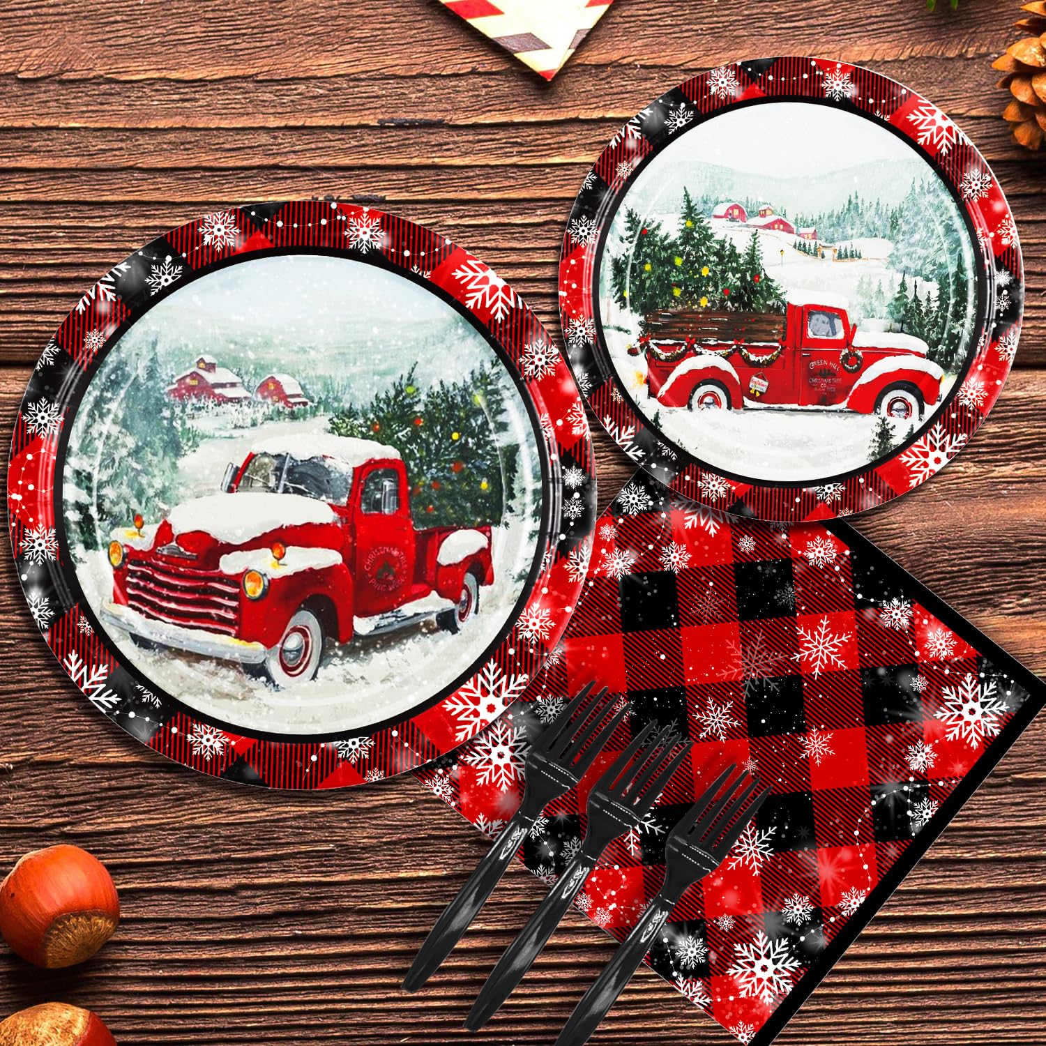 96 Pcs Buffalo Plaid Christmas Paper Plates & Napkins Set - Disposable Xmas Tableware with Plastic Forks for Holiday Parties, Dinner, Family Gatherings - Serves 24 Guests