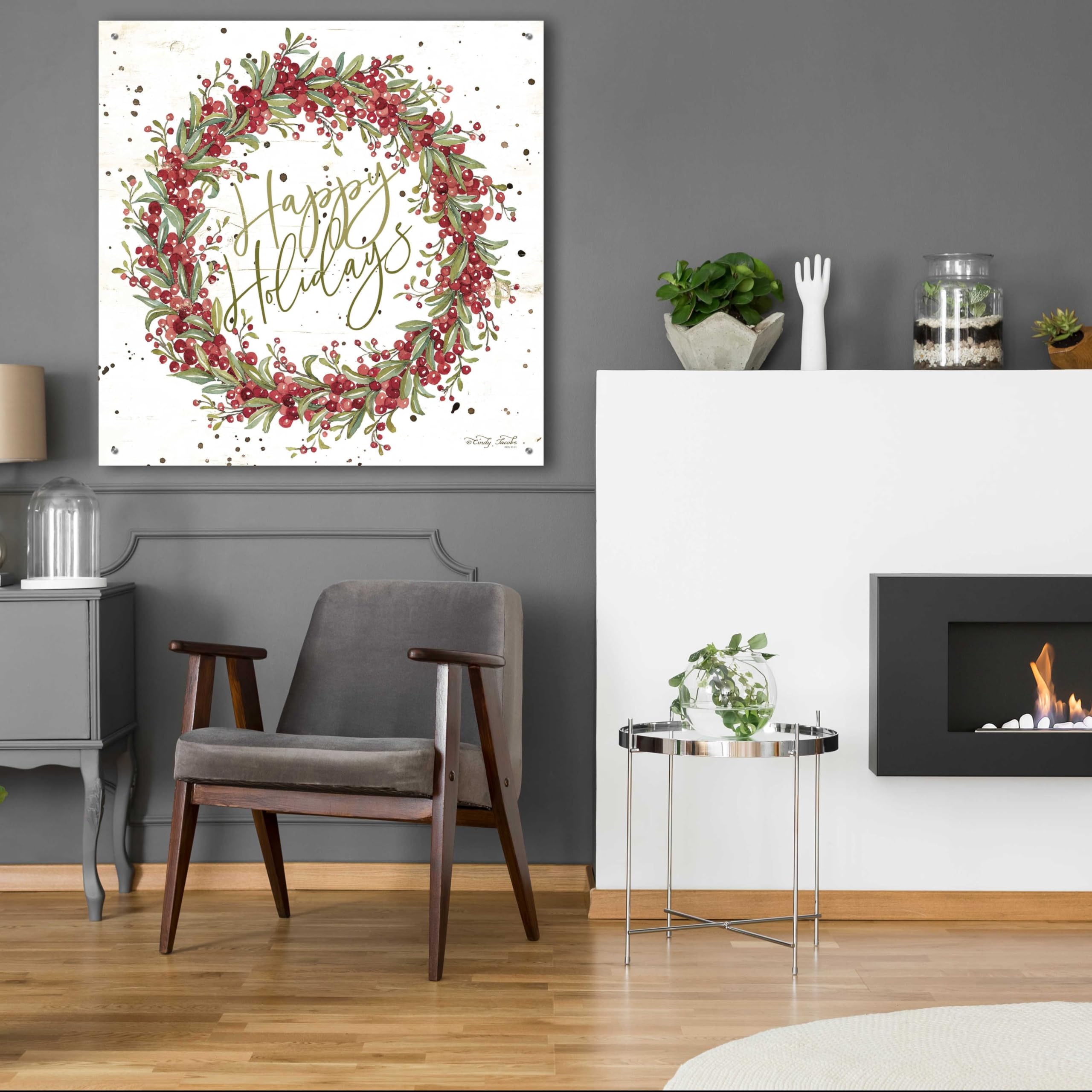 Happy Holidays Berry Wreath Acrylic Glass Wall Art - 36x36 Inch Christmas Decor by Cindy Jacobs - Perfect for Living Room, Bedroom, or Office Holiday Decoration