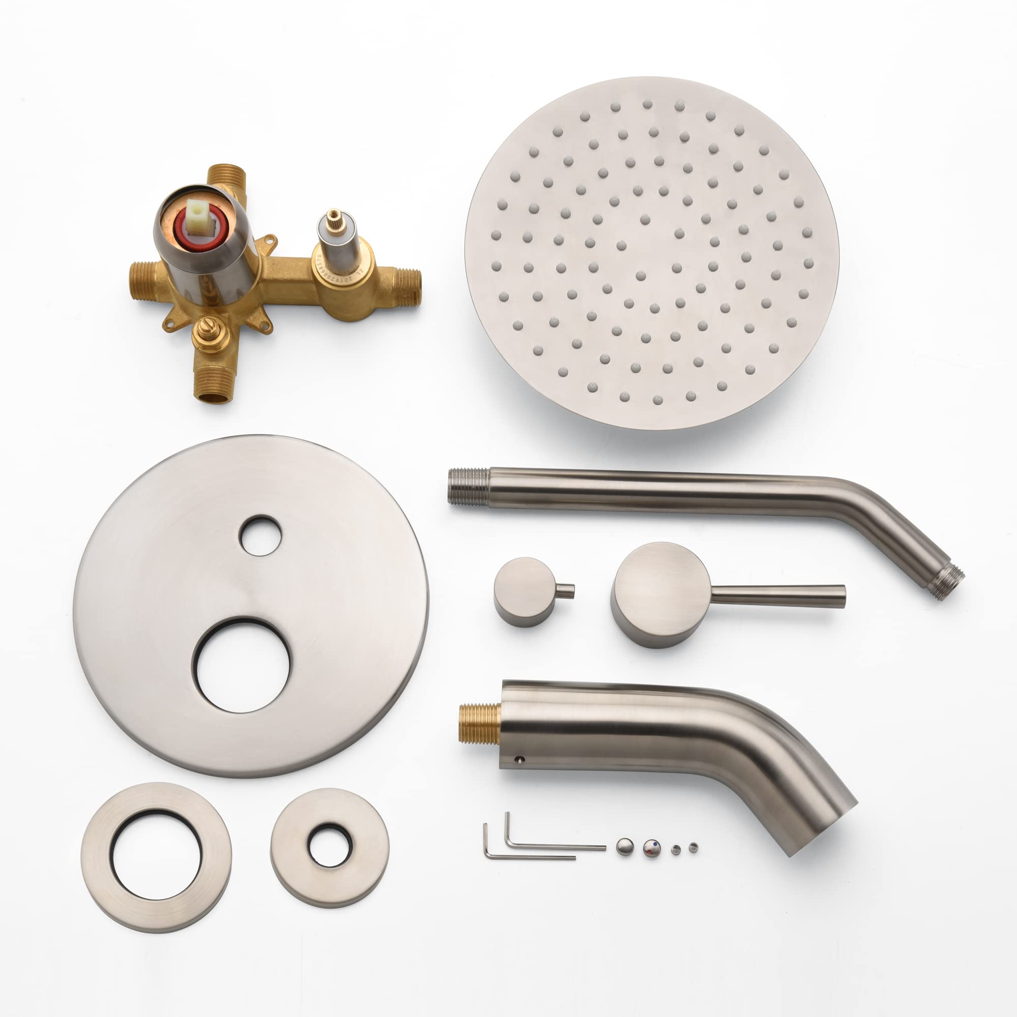 High-Pressure 8 Inch Rain Shower Head with Brushed Nickel Tub and Shower Faucet Set - Includes Rough-in Valve & Tub Spout for Luxurious Bathroom Upgrade | Perfect for Master Bath, Spa-Like Experience & Modern Home Renovation