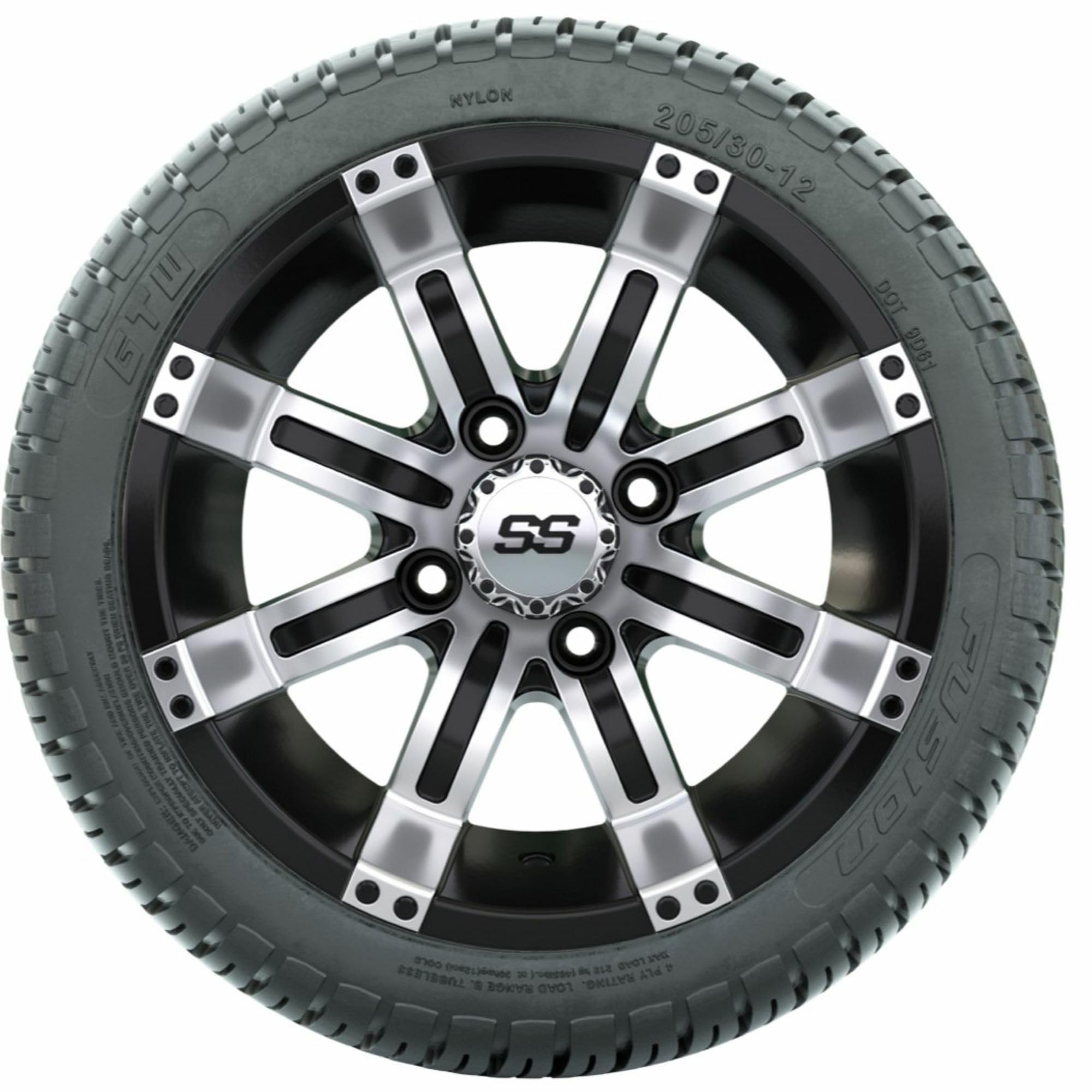 GTW Tempest 12 Inch Golf Cart Wheels with 205/30-12 Fusion Low Profile Street Tires - Machined & Black Wheels (Set of 4) - Perfect for Street Legal Golf Carts, Neighborhood Cruisers & Custom Golf Cart Upgrades