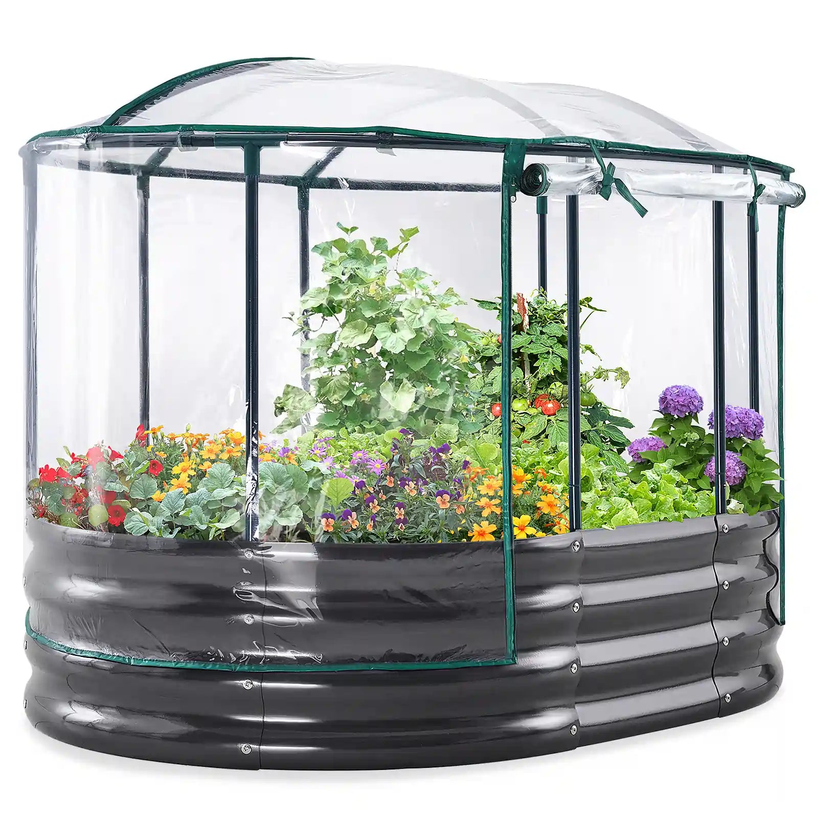 4' x 3' x 1' Galvanized Steel Oval Raised Garden Bed with Cover - Perfect for Vegetables, Flowers & Herbs in Backyard, Patio or Balcony Gardening