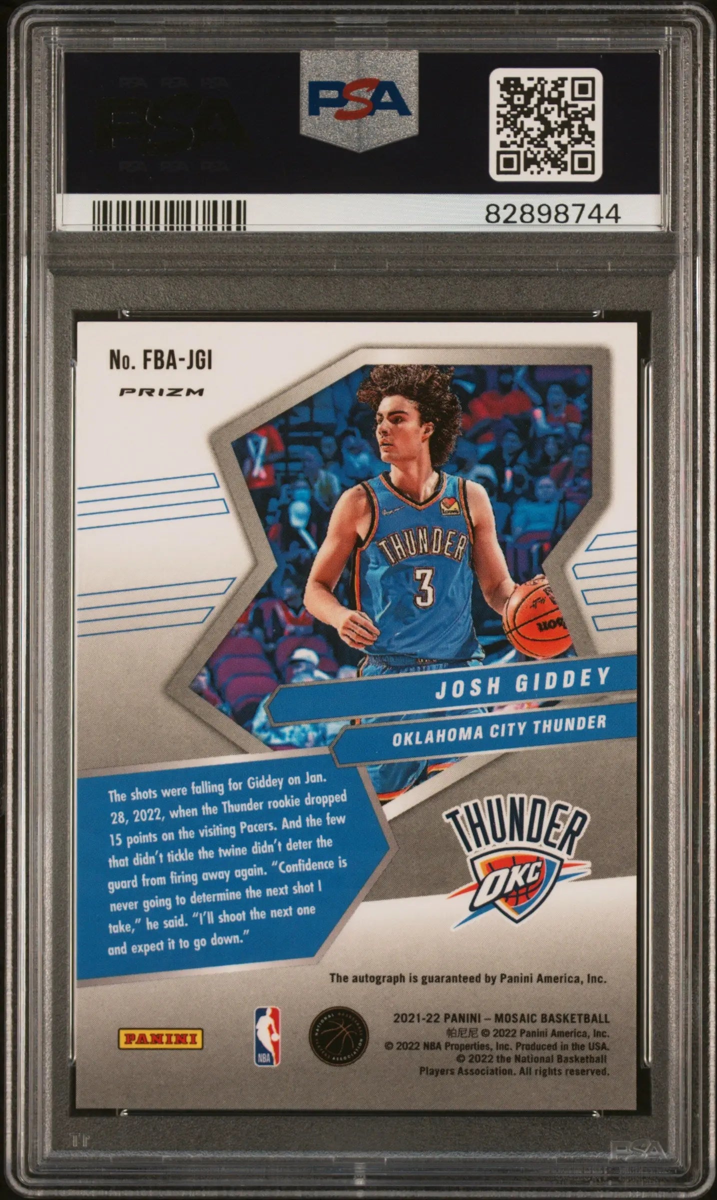 2021 Panini Mosaic Josh Giddey Rookie Autograph Fast Break PSA 10 Gem Mint Basketball Card - Perfect for Collectors, Investors & NBA Memorabilia Enthusiasts