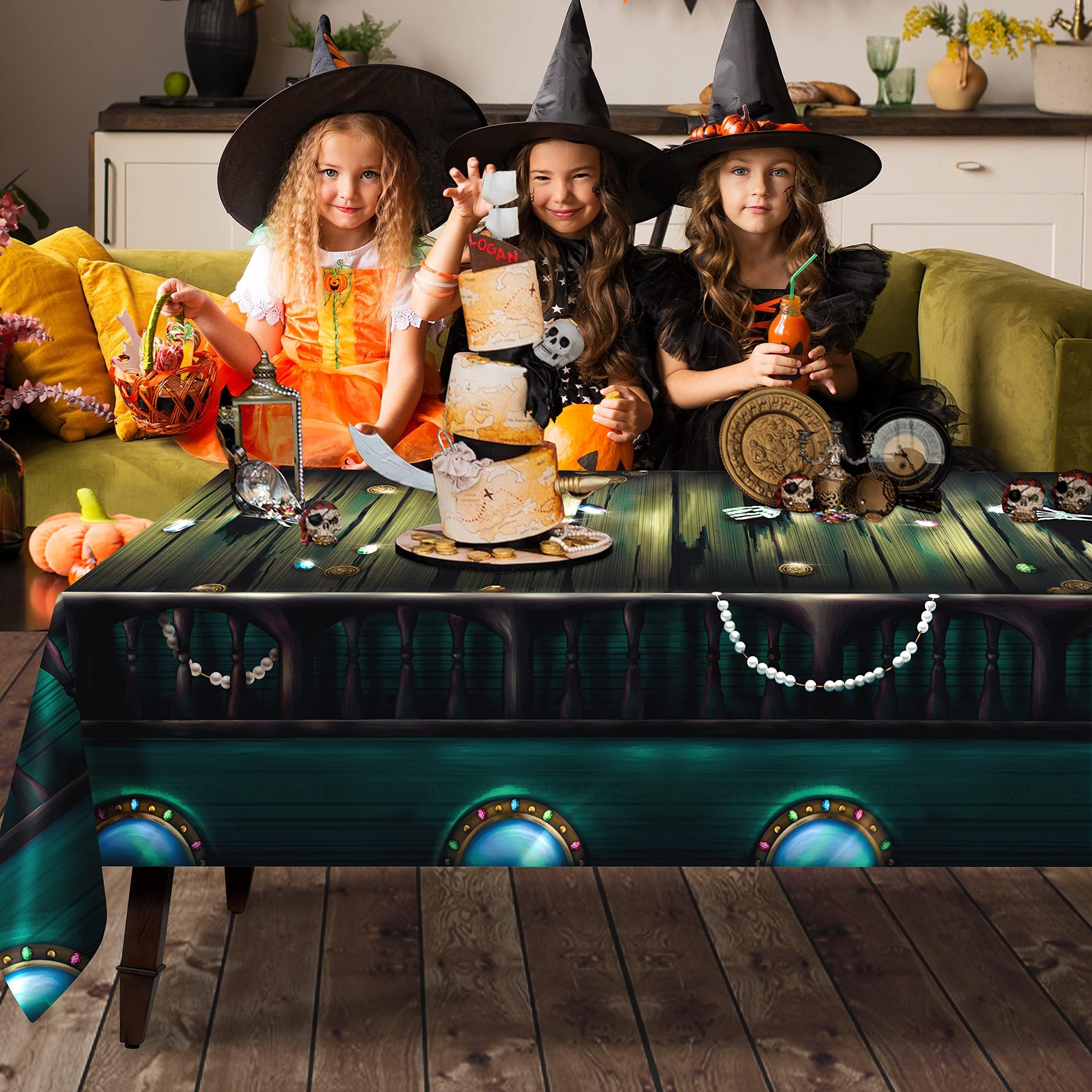 Cheerland Skull & Pirate Themed Halloween Party Tablecloth - 9x5 Ft Spooky Decor for Pirate Ship, Dock, Boardwalk, or Costume Birthday Parties - Waterproof Fabric Table Cover for Indoor/Outdoor Use