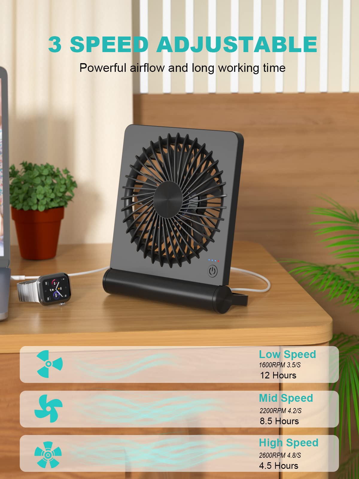 Portable USB Rechargeable Desk Fan - 3 Speed Adjustable, Ultra Quiet, Strong Airflow - Perfect for Office, Home, Travel & Camping Use