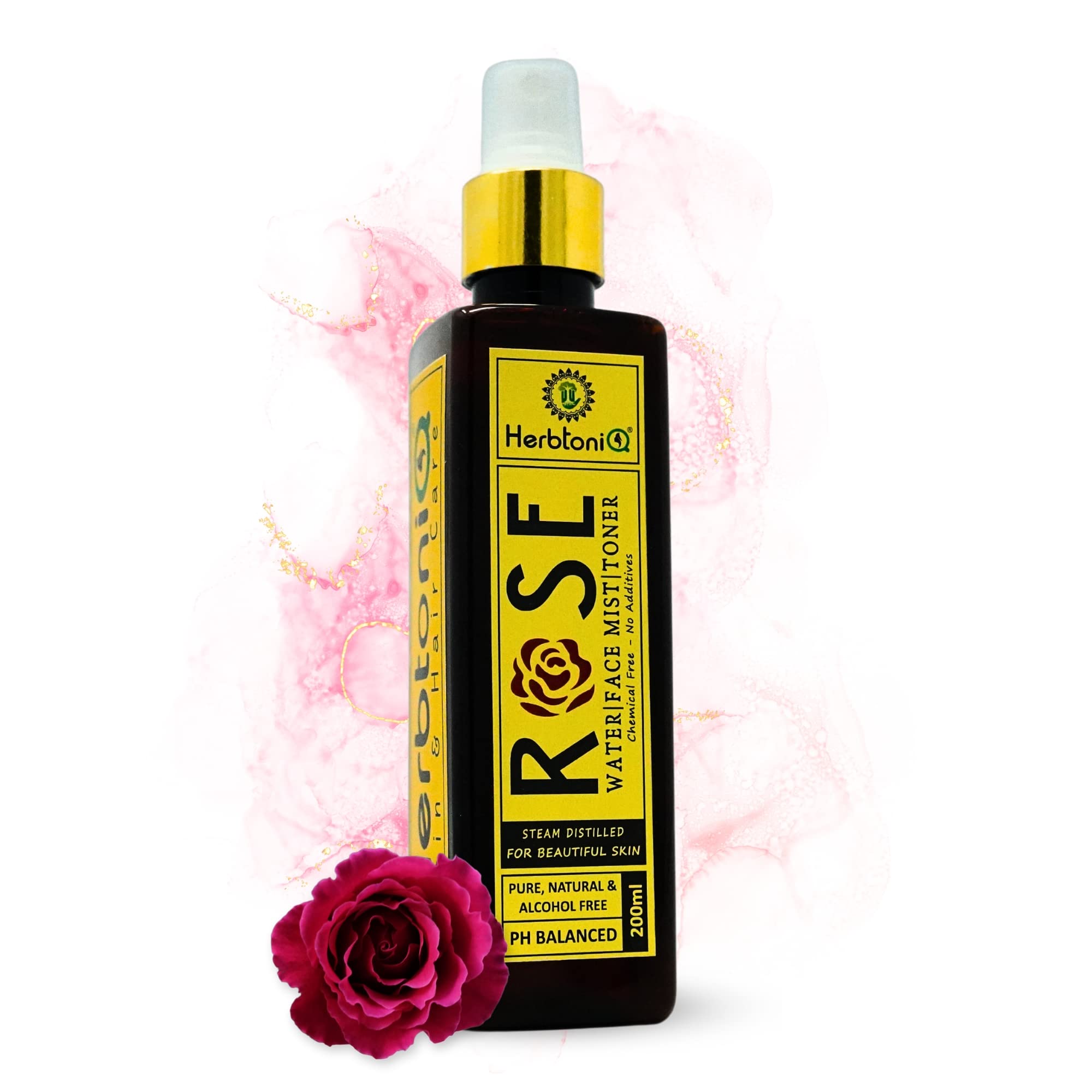 Herbtoniq Alcohol-Free Rose Water Facial Toner Spray - 100% Natural Steam Distilled Organic Gulab Jal for Hydrating & Refreshing Skin - Chemical-Free Face Mist (200ml) | Perfect for Daily Skincare Routine, Makeup Setting & Post-Workout Refreshment