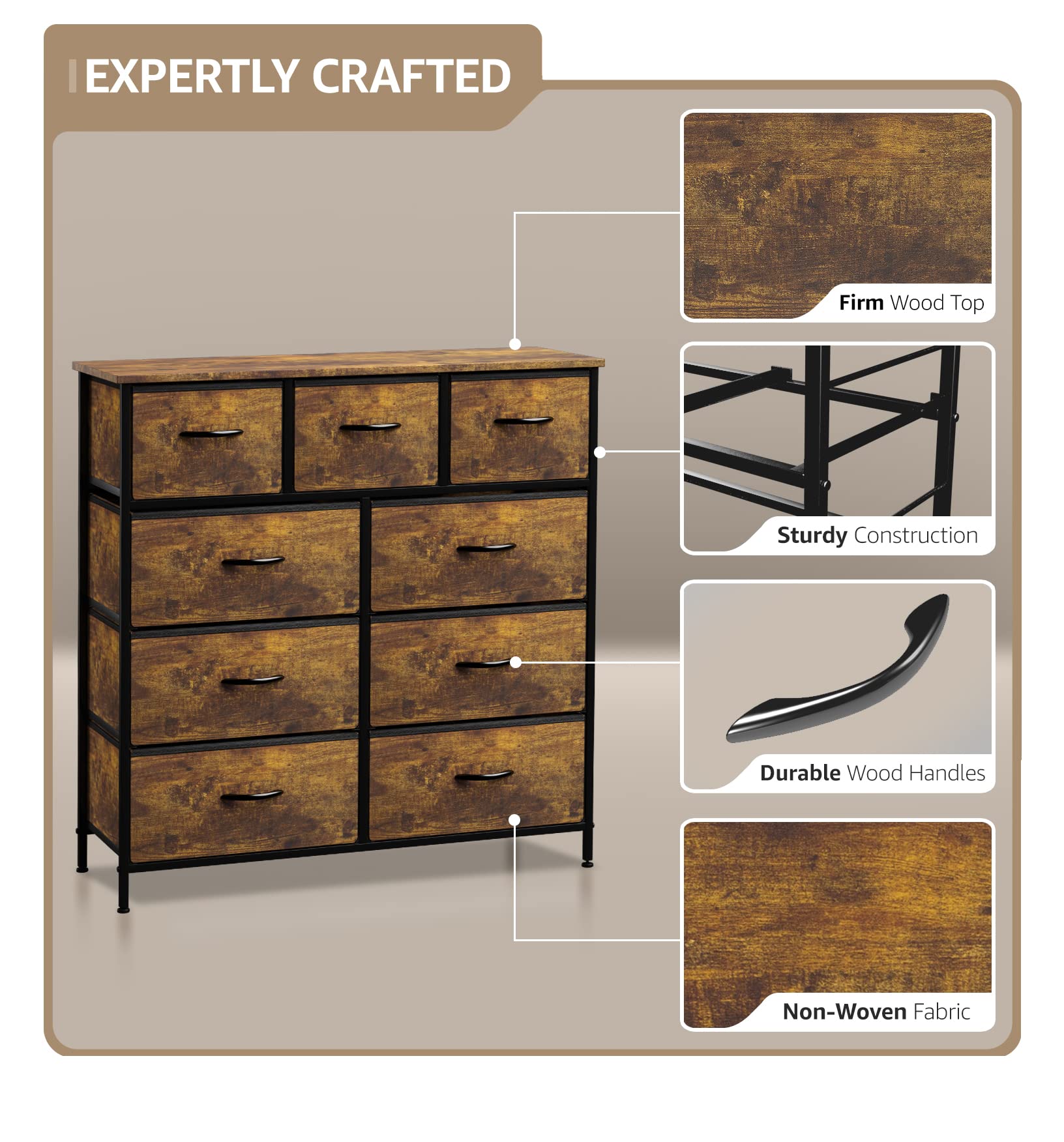 Sorbus 9-Drawer Fabric Dresser Organizer - Tall Storage Tower for Bedroom, Closet & Living Room - Steel Frame with Wood Handles & Fabric Bins (Rustic Wood) - Perfect for Organizing Clothes, Toys & Home Essentials