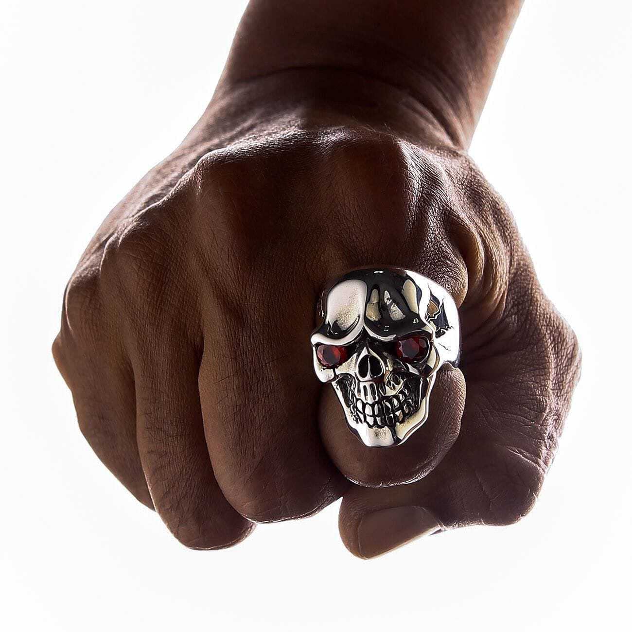 Sterling Silver Skull Ring with Red Eyes for Men - Gothic Biker Jewelry for Punk Fashion & Motorcycle Enthusiasts