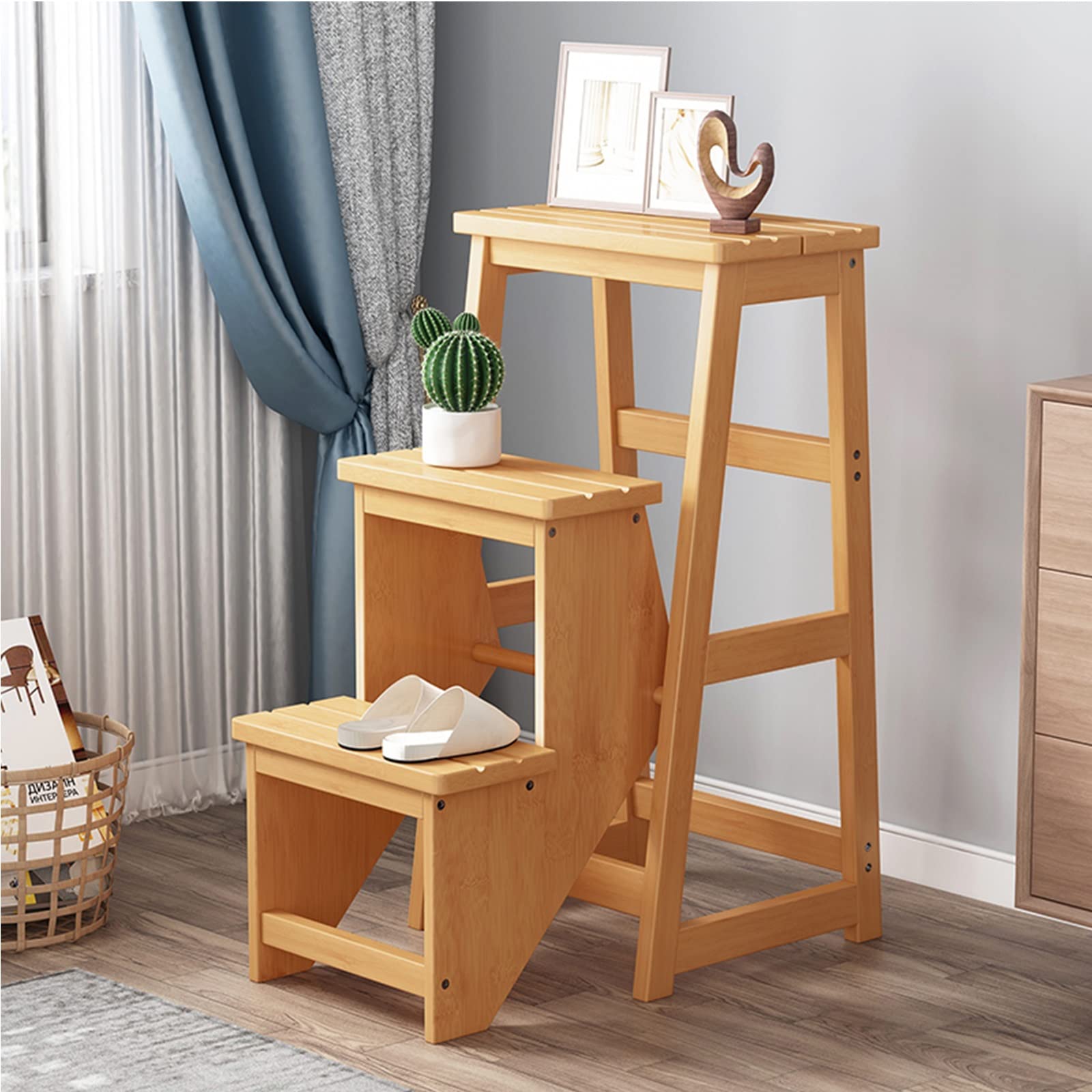 FADUNI 3-Step Wooden Folding Step Stool with Non-Slip Treads - Compact Safety Ladder Stool for Home, Kitchen, Bathroom, Library - Perfect for Reaching High Shelves and Storage Spaces