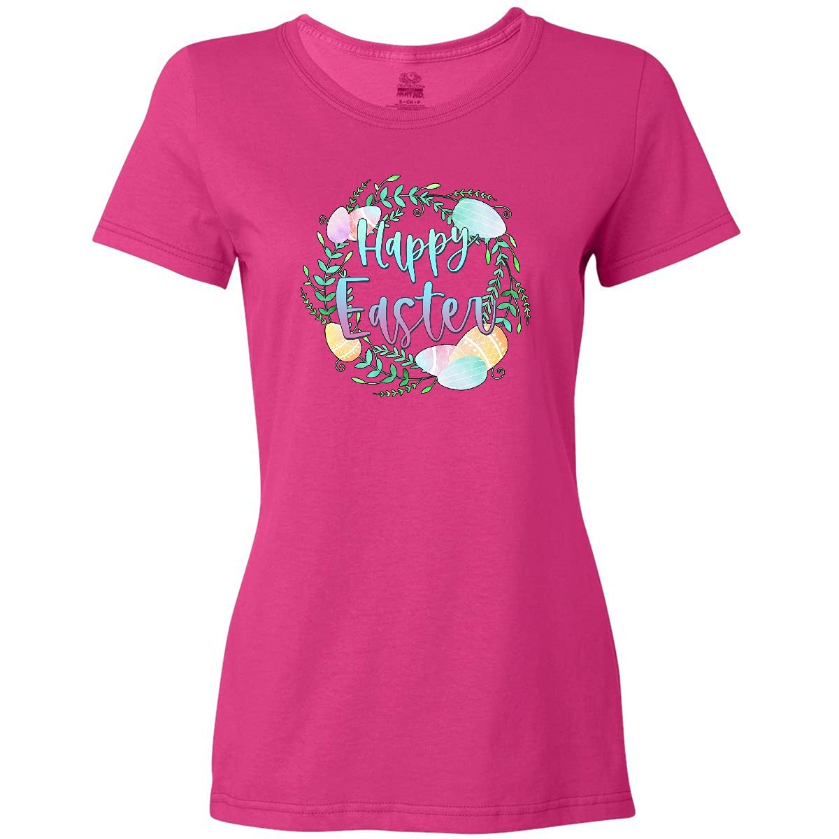 Inktastic Happy Easter Pastel Egg Wreath with Laurels Women's T-Shirt - Cute Spring Tee for Easter Celebrations, Church Events & Family Gatherings