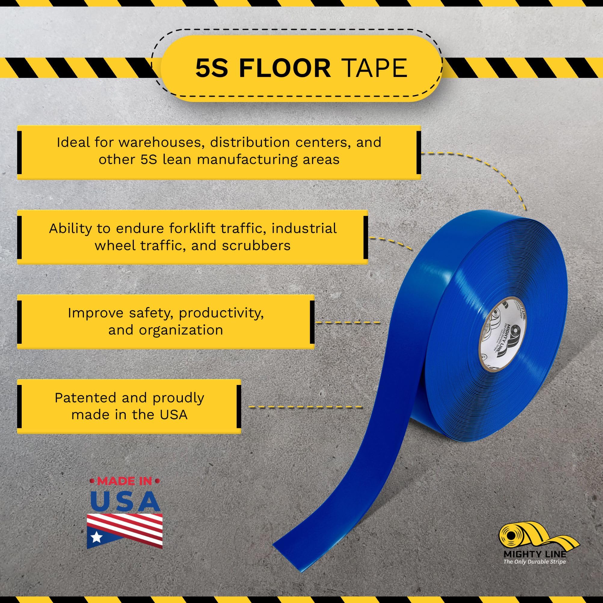 Mighty Line 2RB 2-Inch x 100-Feet Blue Floor Tape - Non-Slip Safety Marking for Warehouses, Factories & Workplaces