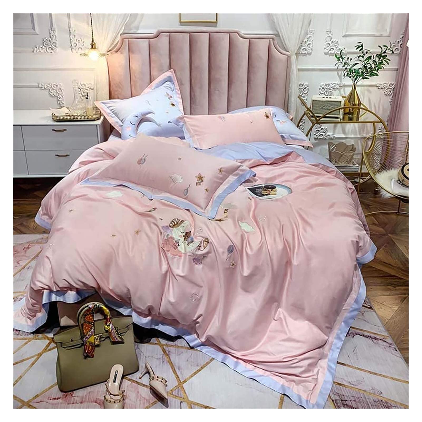 Luxury 100% Cotton 4-Piece King Size Bedding Set - Soft Bed Sheets & Pillowcases with Cartoon Embroidery (220×240cm) - Duvet Cover & Quilt Set for Twin/Double Beds - Perfect for Family Bedrooms, Guest Rooms & Cozy Home Decor