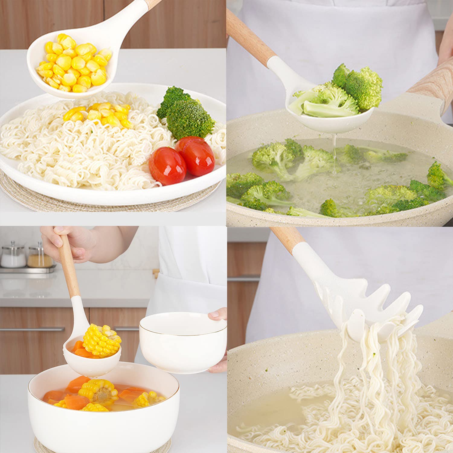 12-Piece Silicone Cooking Utensil Set with Wooden Handles - Non-Stick, Heat Resistant up to 446°F, BPA-Free (Milk White) - Includes Spatula, Turner, Spoon, Tongs & Whisk - Perfect for Baking, Frying & Everyday Kitchen Use