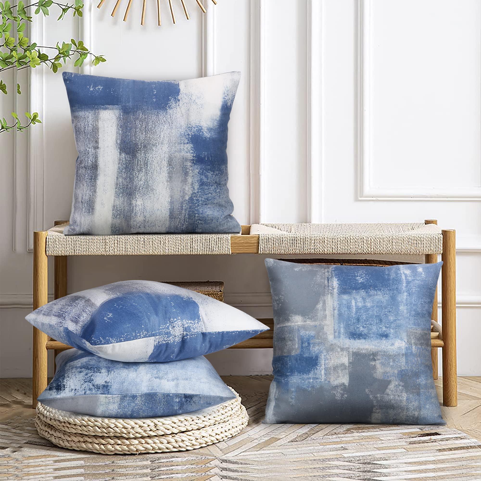 Set of 4 Blue & Grey Abstract Art Pillow Covers 18x18 Inch - Modern Decorative Throw Pillow Cases for Sofa, Bedroom & Living Room - Perfect for Home Decor, Accent Pillows & Contemporary Interior Design