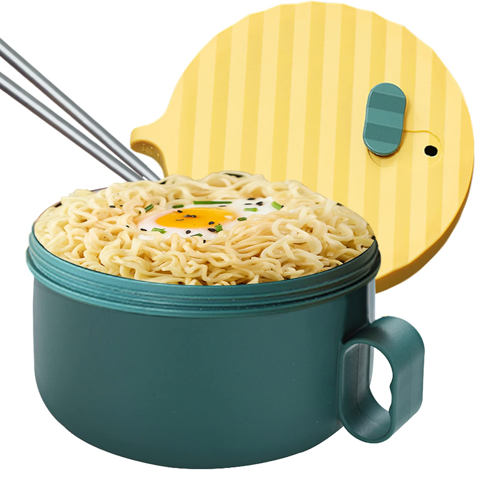 Microwave Safe Ramen Noodle Bowl with Lid & Chopsticks - BPA-Free, Dishwasher Safe, Easy Grip Handles - Perfect for Home, Office, College Dorm (Yellow & Green) - Quick Meals, Instant Noodles, Soup & Snacks