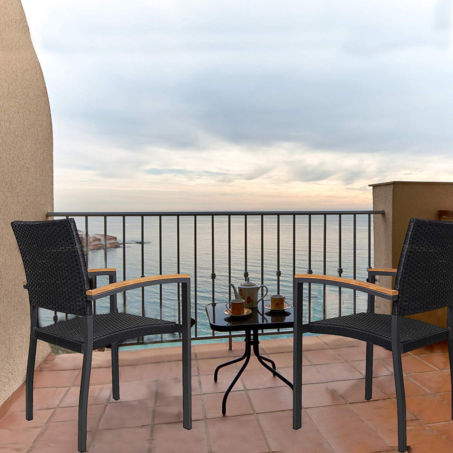 Doprticus 4-Piece Stackable Patio Dining Chairs Set with Armrests - Waterproof Rattan Furniture for Indoor & Outdoor Use - Perfect for Garden, Poolside, and Backyard Entertaining
