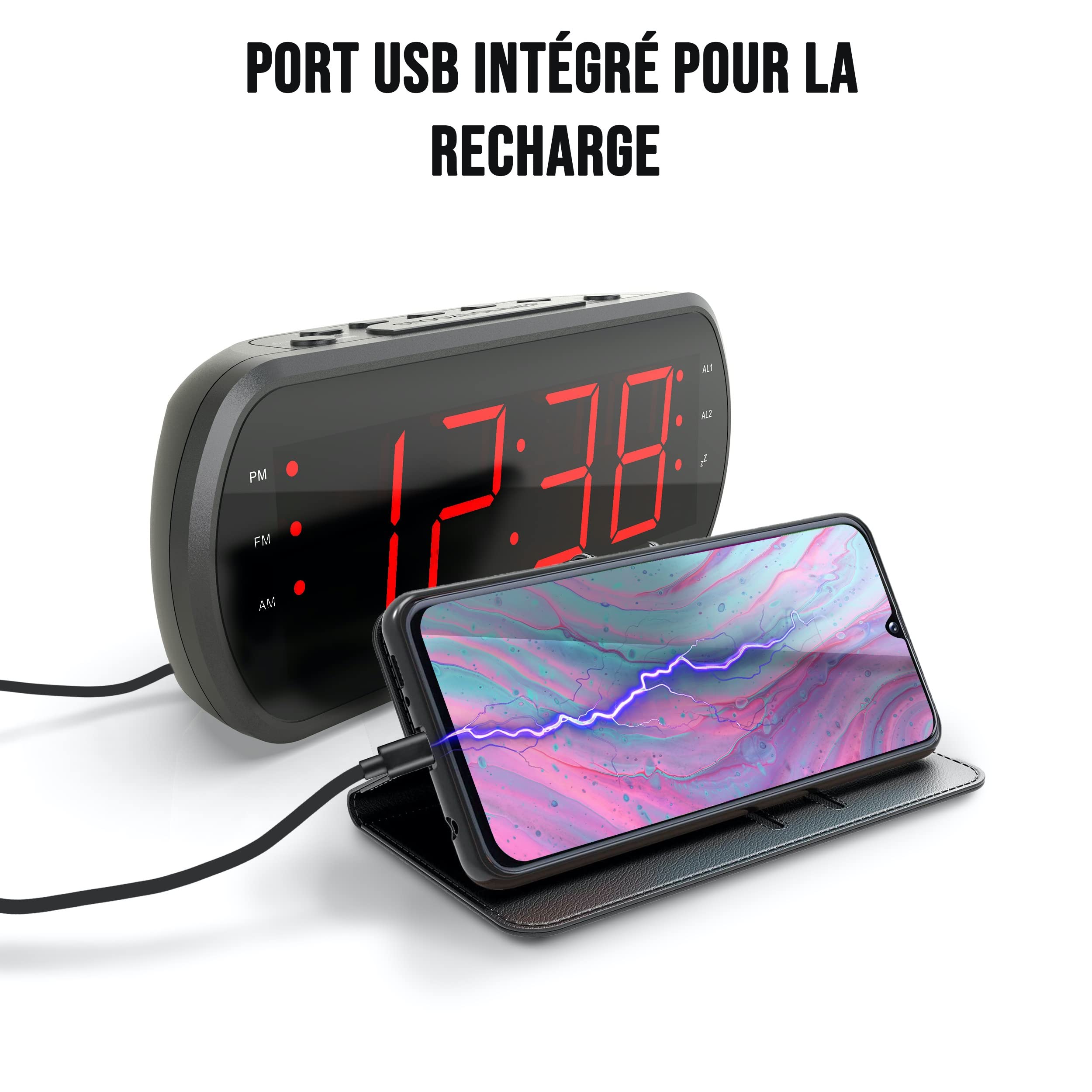 **Large Digital Alarm Clock Radio with FM, Dual Alarms, Red LED Display & Built-in USB Charging Port - Black - Perfect for Bedroom, Office, Travel**