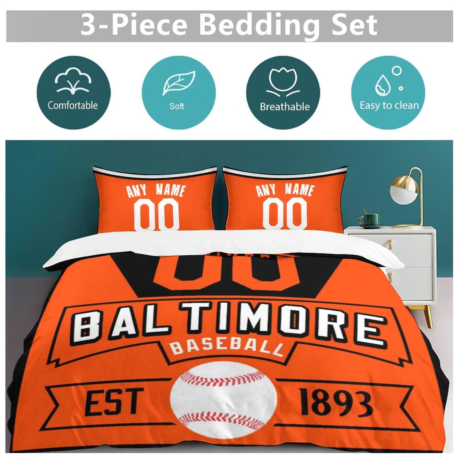 Custom Baseball Fan Comforter Set - 3 Piece Soft & Lightweight Bedding (1 Duvet Cover + 2 Pillowcases) for Sports Themed Bedroom Decor - Perfect for Fans, Gifts & Game Day Room Styling