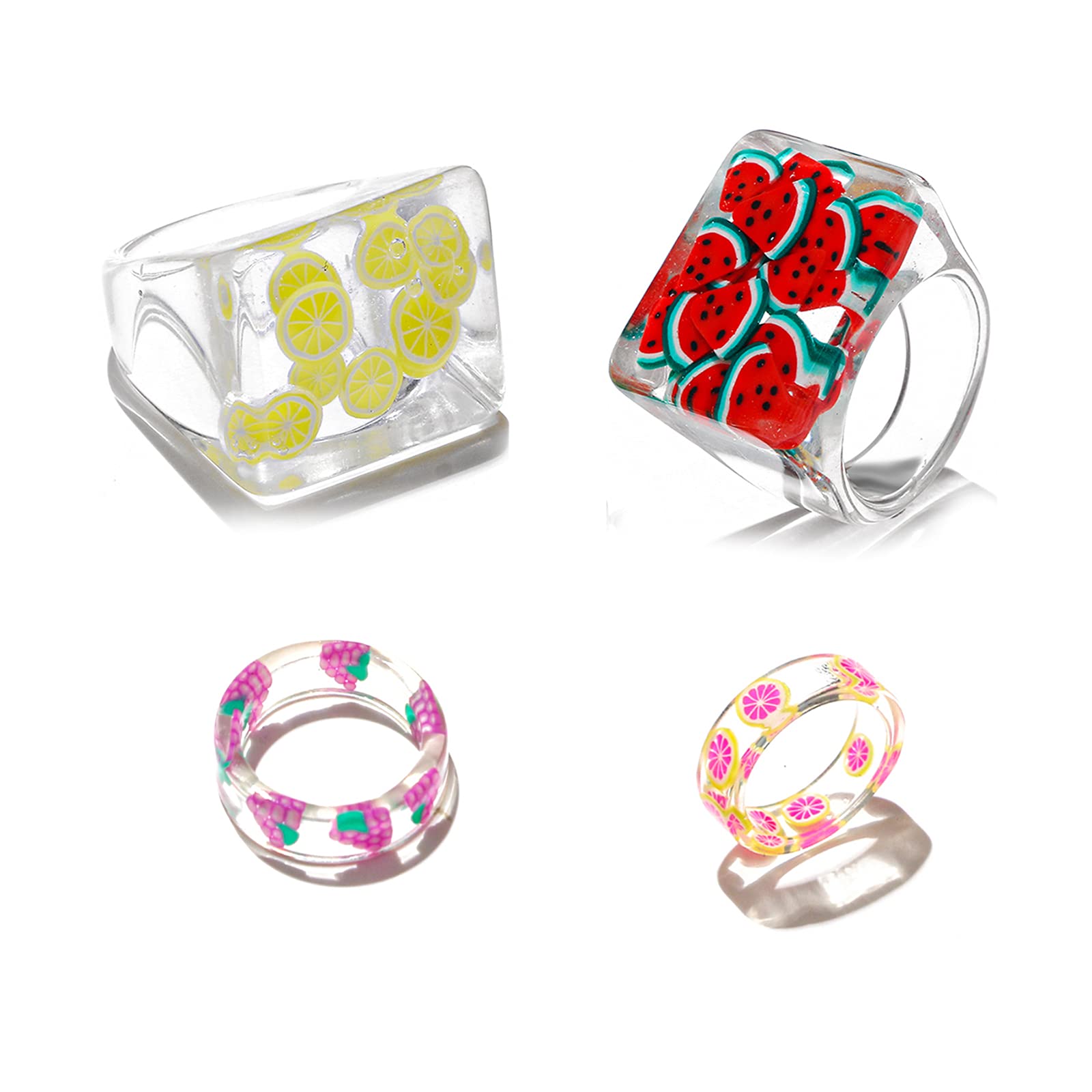 4-12 Pcs Colorful Resin Fruit Rings Set - Transparent Plastic Strawberry, Kiwi, Lemon, Apple, Grape, Pitaya, Grapefruit, Orange & Watermelon Designs - Cute Stackable Knuckle Rings for Women & Teen Girls - Perfect for Parties, Gifts & Everyday Fashion Accessories
