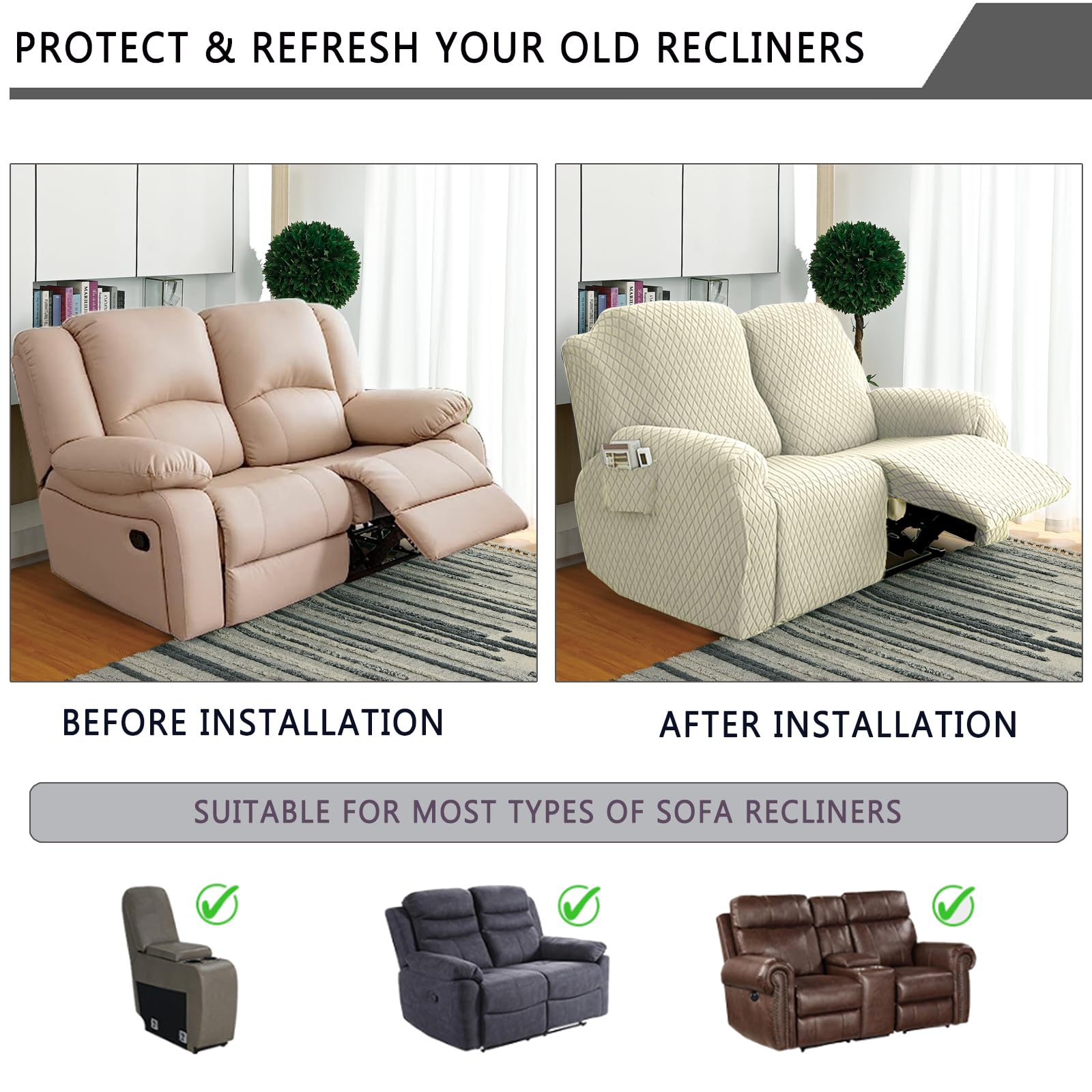 2 Seater Recliner Sofa Cover Protector - Thick Jacquard Slipcover with Pockets for Loveseat & Couch - Beige Furniture Protector for Living Room, Bedroom, and Home Theater Use