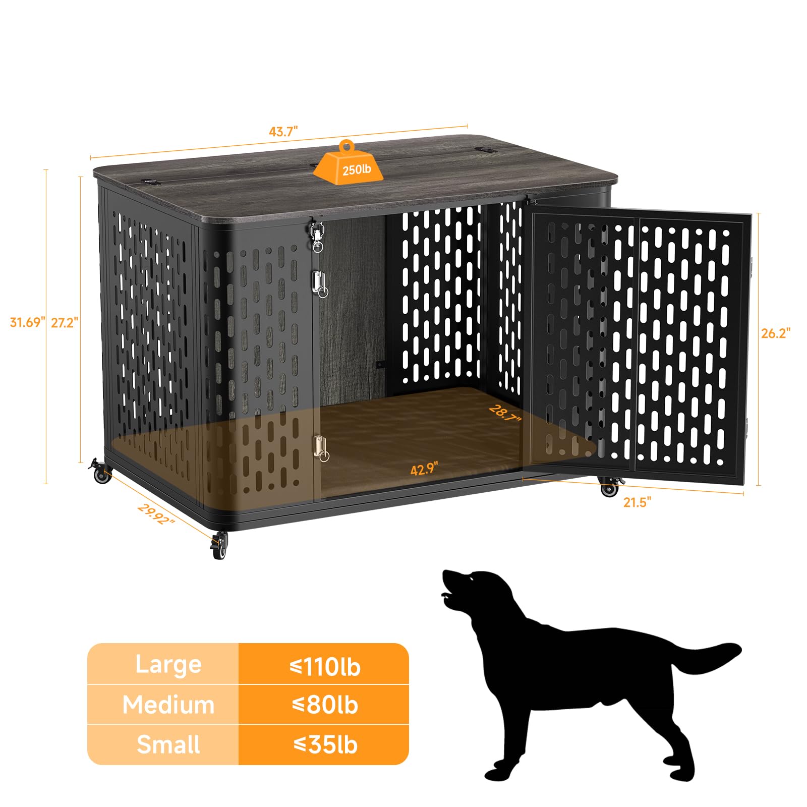 Wooden Dog Crate Furniture with Removable Cushion - 43.7 Inch Rustic Grey Dog Kennel with Lockable Wheels for Small Medium & Large Dogs | Multi-Purpose Pet Cage for Living Room, Bedroom & Travel Use