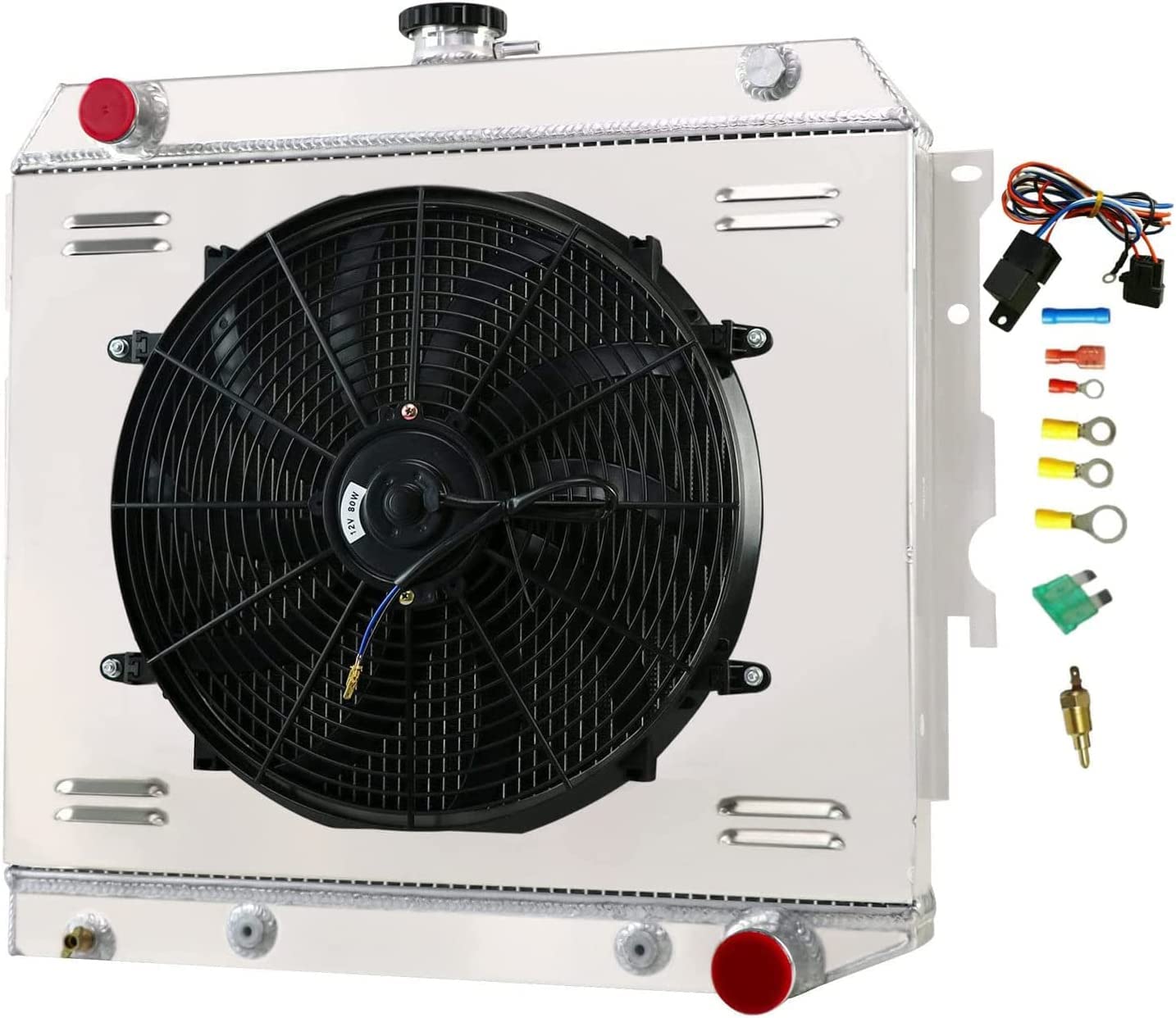 62MM 4 Row Aluminum Radiator for 1970-1973 Dodge Charger Challenger Barracuda Coronet & Plymouth Satellite V8 - Complete Cooling Kit with Electric Fan Shroud & Thermostat - Perfect for Classic Car Restoration & High-Performance Upgrades