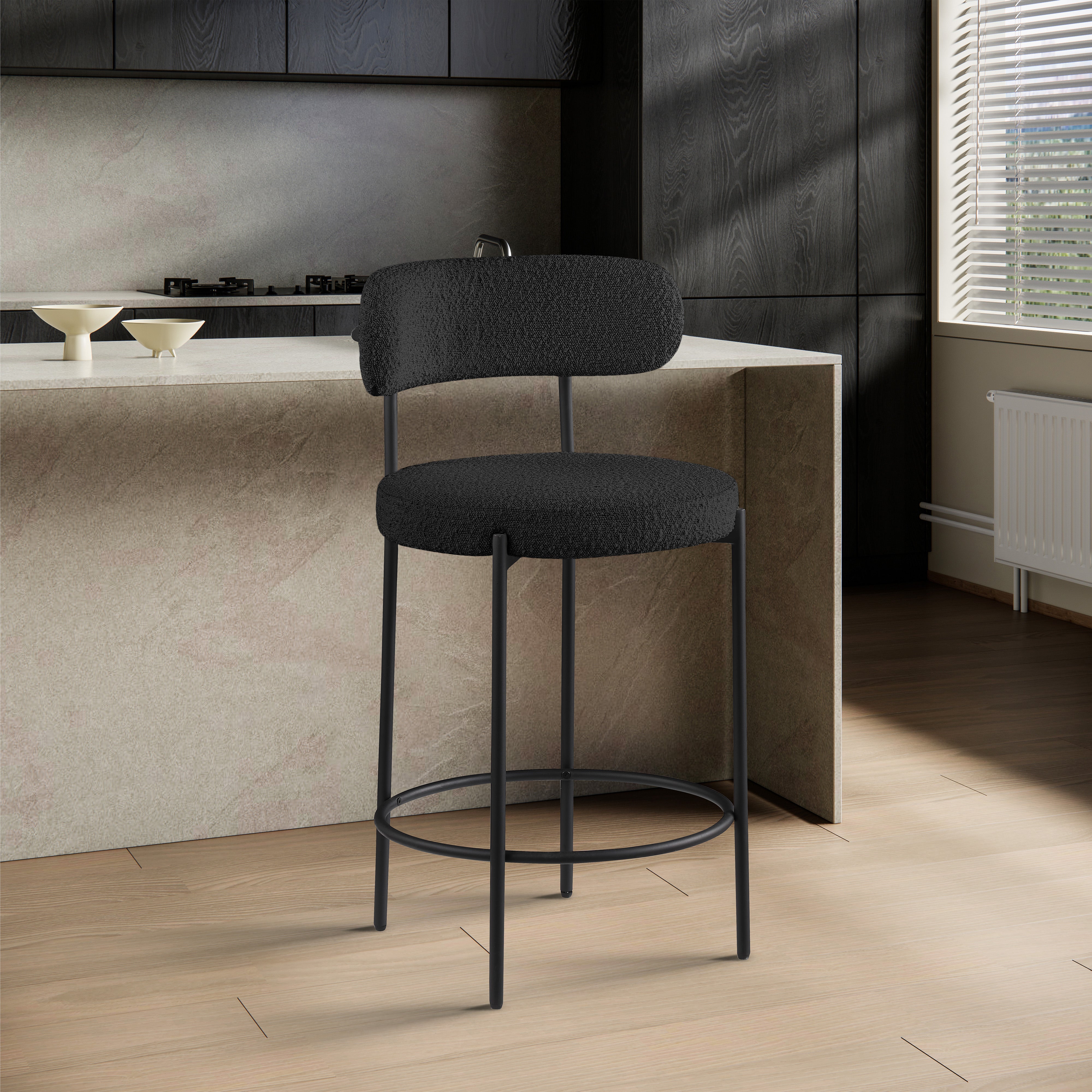 Beacon Boucle Fabric Stool - Modern Round Accent Chair with Soft Textured Upholstery for Living Room, Bedroom & Office Decor