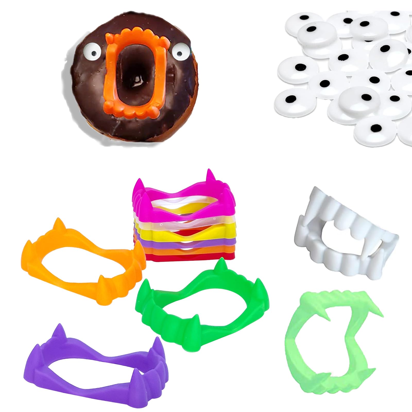 30 Sets Halloween Vampire & Zombie Teeth Fangs - Assorted Colors with 30 Fake Donut Decorations - Scary Costume Accessories for Halloween Parties, Cosplay & Trick-or-Treating