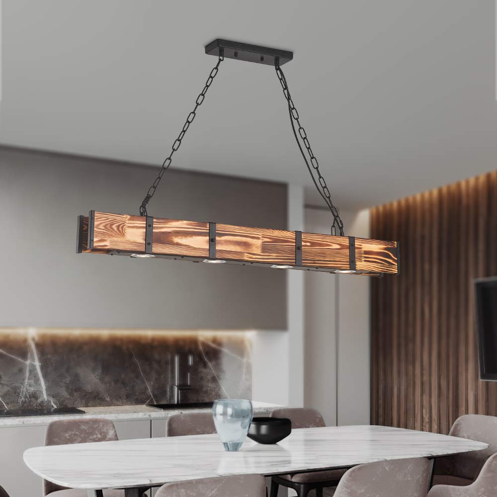 Maxax 4-Light LED Kitchen Island Pendant Light - 4000K Farmhouse Linear Chandelier with Rustic Wood Grain Finish (39.3