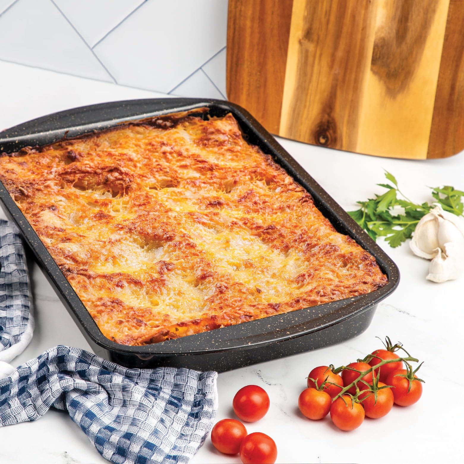 Nonstick Aluminized Steel Lasagna Pan - 18 x 12 x 2.9 Inch Oven Safe Roasting Pan (Up to 428°F) - Easy Clean Black Baking Dish for Lasagna, Casseroles & Holiday Meals