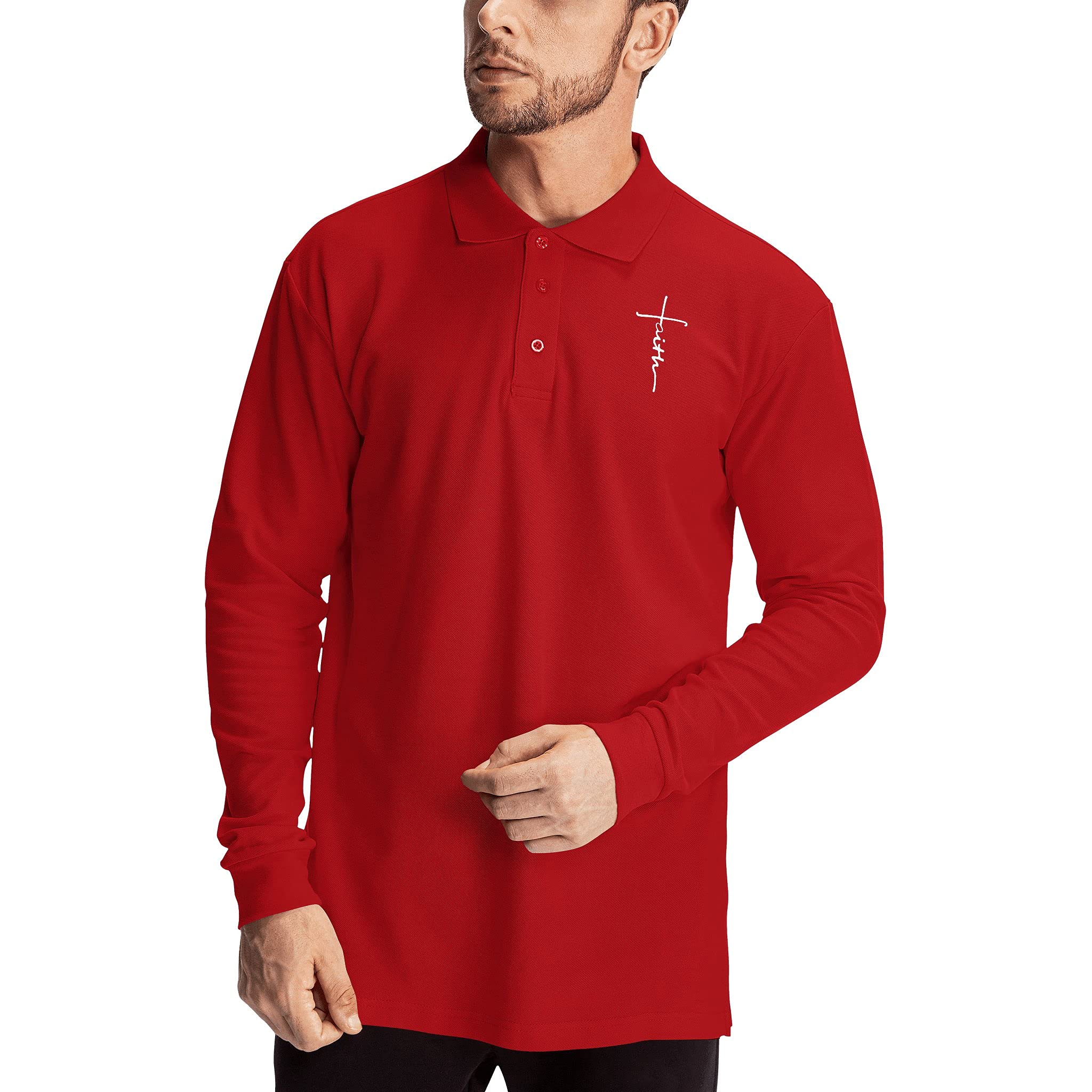Cross Faith Jesus Cotton Polo T-Shirts for Men - Religious Christian Long Sleeve Summer Shirts - Perfect for Church Services, Bible Study & Christian Events
