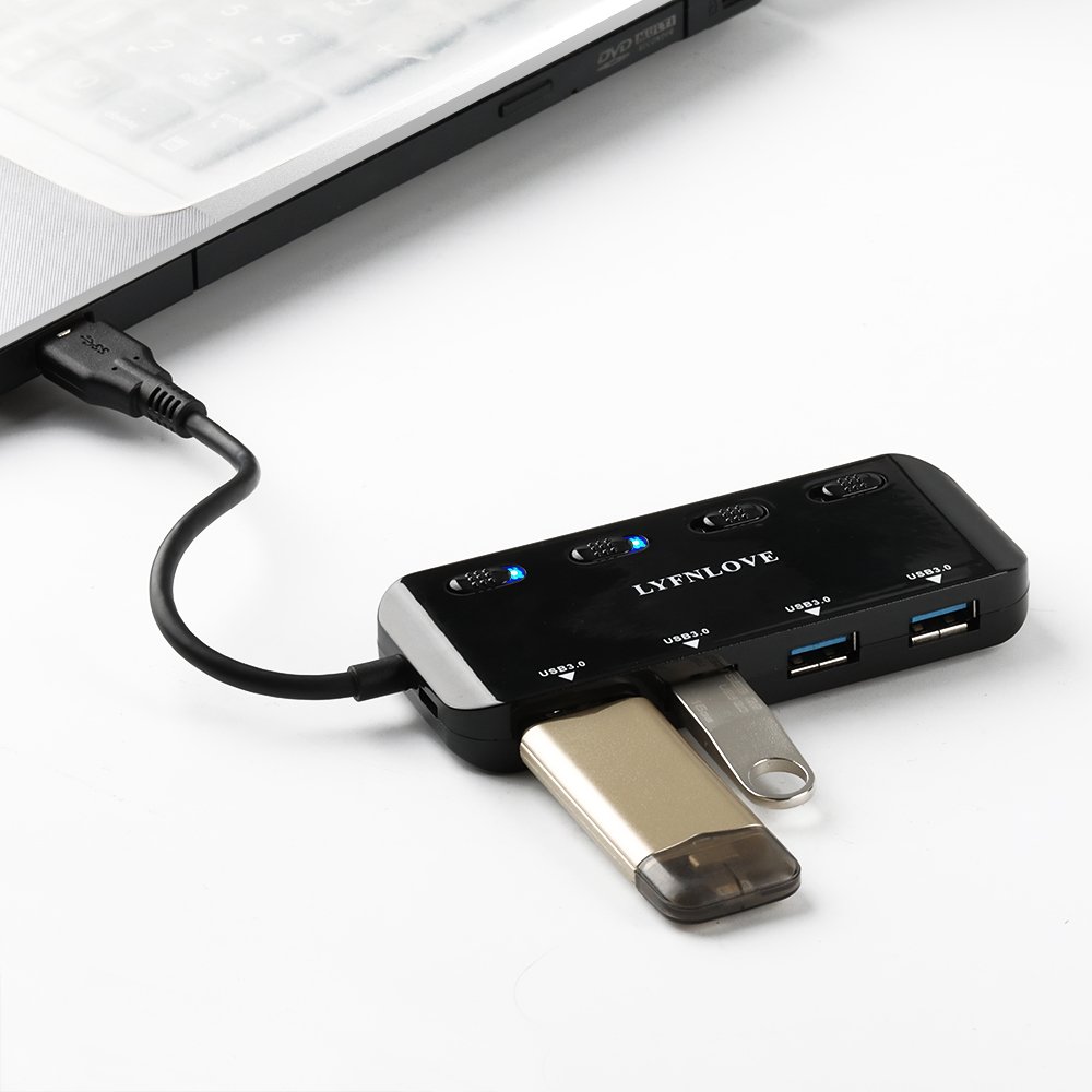 LYFNLOVE 4-Port USB 3.0 Hub with Power Switches - for Laptop, PC & Flash Drives