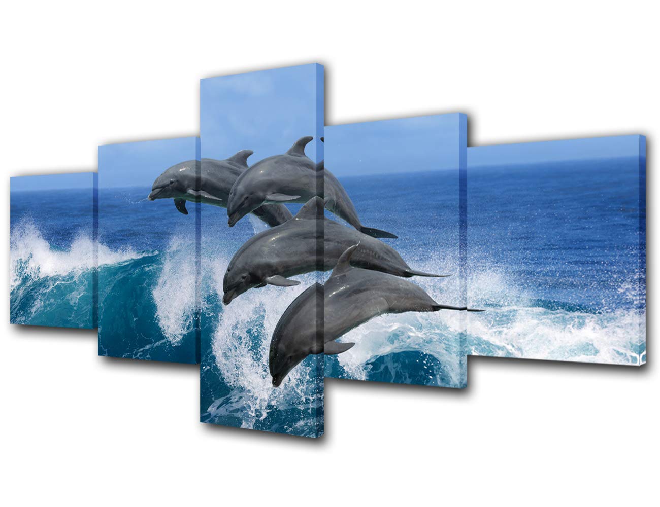 Dolphin Wall Art - 5 Piece Grey Canvas Seascape Painting Set with Wooden Frame, Ready to Hang (50''W x 24''H) - Modern Ocean Themed Home Decor for Living Room, Bedroom or Office