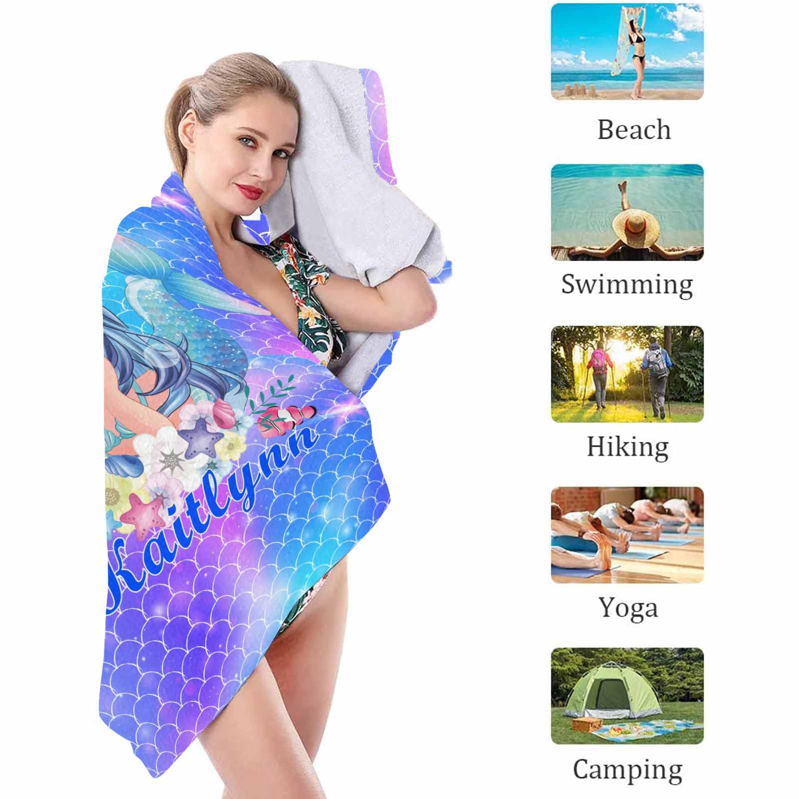 YESCUSTOM Personalized Kids Beach Towels - 100% Absorbent Cotton Cute Cartoon Mermaid Design 30