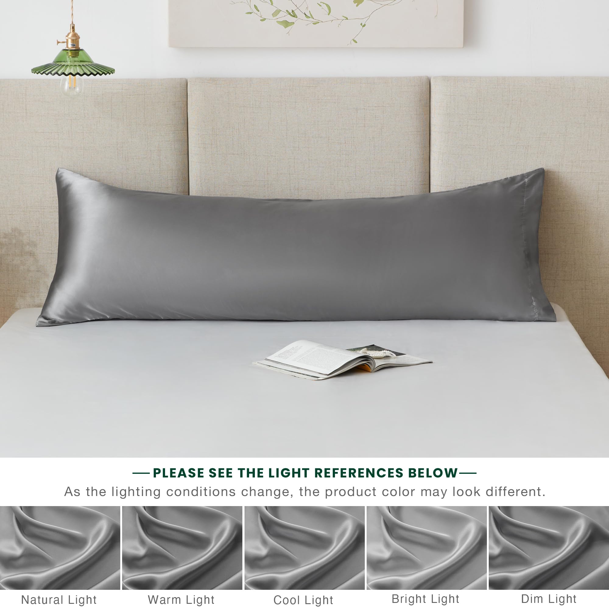 20x54 Inches Dark Grey Soft Satin Body Pillow Cover with Envelope Closure - Cooling Silky Pillowcase for Hair & Skin Care - Luxury Silk-Like Pillow Case for Bed, Sofa & Travel