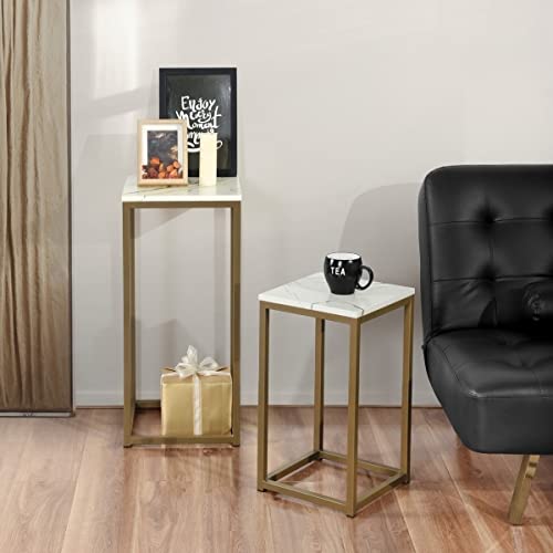 Lazyspace Set of 2 Modern Round Side Tables - Faux Marble Top with Metal Frame & Foot Caps, White/Bronze Gold - Accent End Tables for Living Room, Bedroom, Office - Perfect for Coffee, Tea, and Home Decor