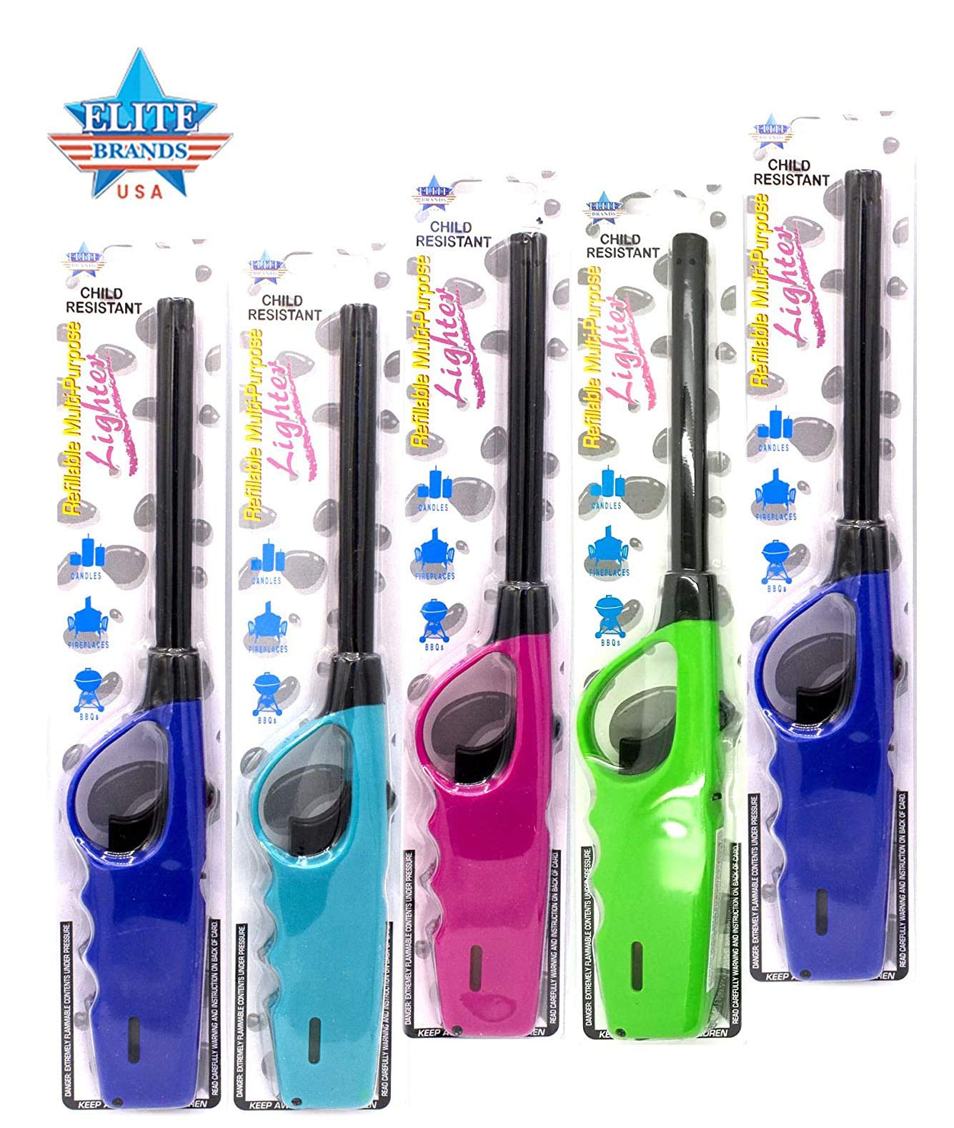 5-Pack Refillable Butane Long Lighters for BBQ, Grill & Kitchen - Multicolor Utility Lighters for Candles, Fireplaces & Outdoor Cooking
