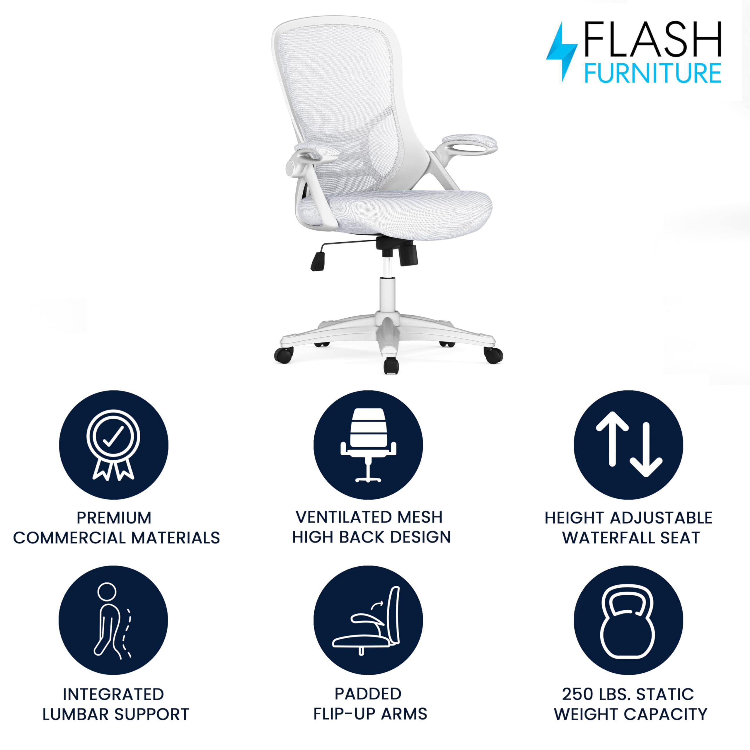 Flash Furniture Porter High-Back Swivel Office Chair with Adjustable Lumbar Support & Height - Ergonomic Mesh Desk Chair with Flip-Up Armrests, White - Perfect for Home Office, Gaming & Workspaces