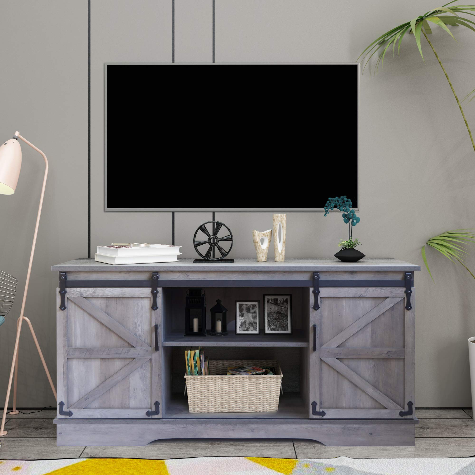 GHQME 58 Inch Sliding Barn Door TV Stand - Farmhouse Style Wood Entertainment Center with Storage Shelves for Living Room - Universal Media Console (Gray MI) - Perfect for Rustic Home Decor & Modern Entertainment Setup