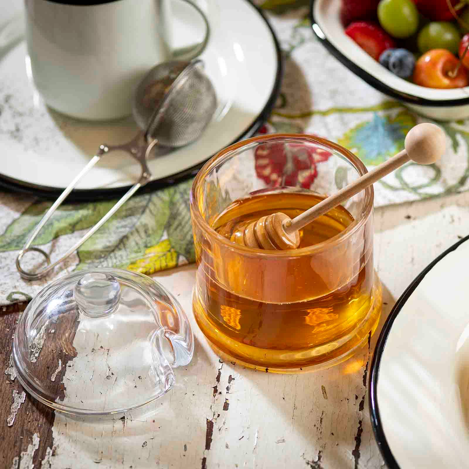 Premium Honey Dipper Set with Glass Jar & Wooden Stick - Natural Honey Drizzler for Tea, Coffee, Yogurt & Desserts - Perfect Kitchen Gift for Honey Lovers