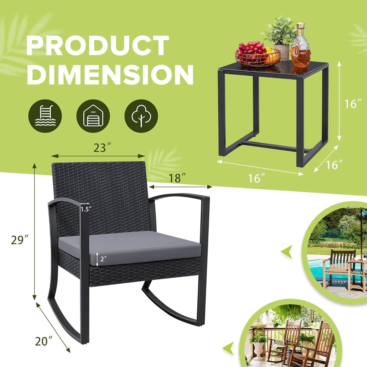 Homall 3-Piece Outdoor Patio Furniture Set - Resin Bistro Table & Rocking Chairs with Cushions for Porch, Poolside, Balcony, Yard (Grey) - Perfect for Relaxing, Entertaining & Outdoor Dining