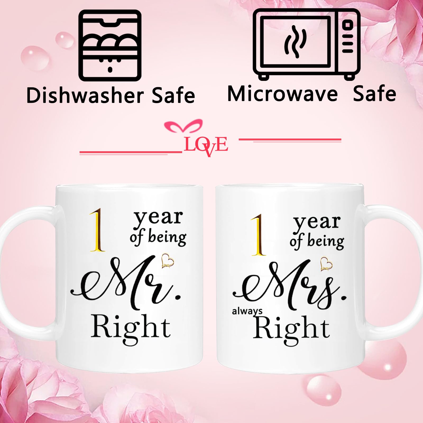 1st Anniversary Coffee Mugs Set of 2 - Romantic 11oz Ceramic Cups for Couples, Wife, Husband, Parents & Grandparents - Perfect 1 Year Wedding & Engagement Gift for Coffee Lovers (Ideal for Anniversaries, Valentine's Day & Romantic Breakfast in Bed)
