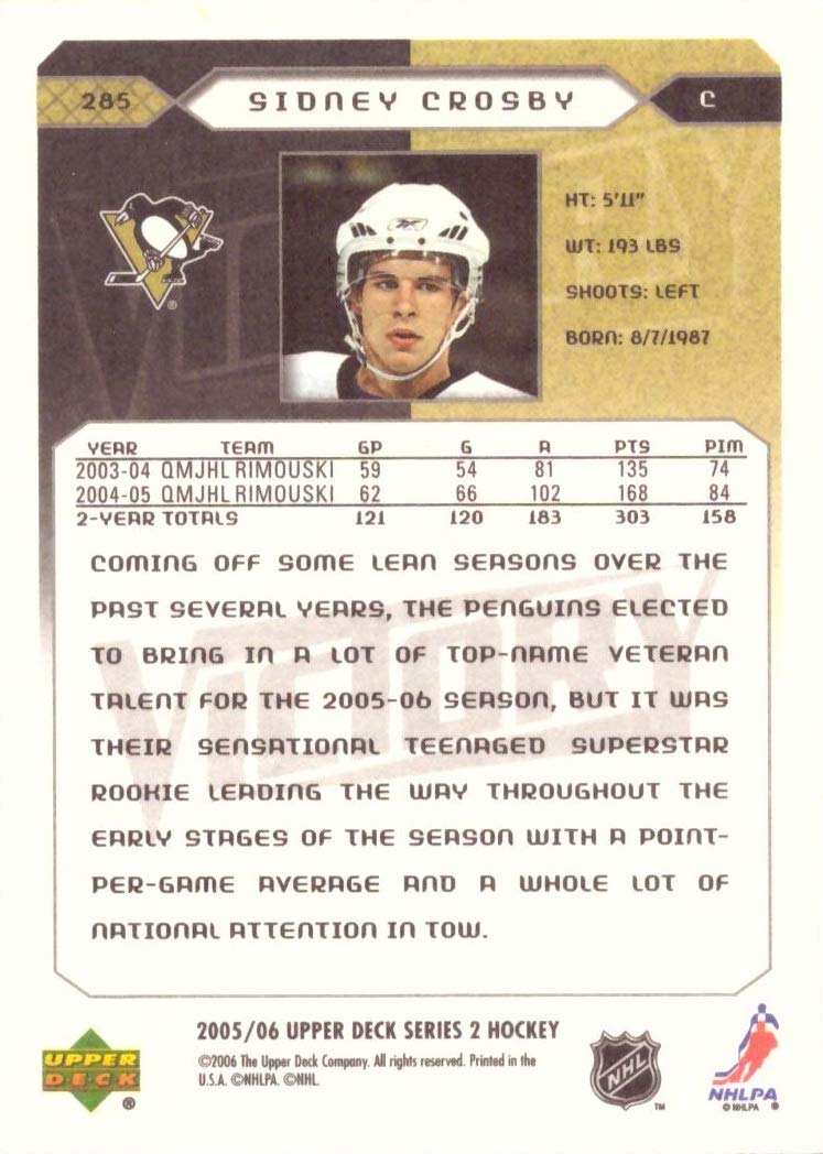 2005-06 Upper Deck Victory Hockey Sidney Crosby Rookie Card #285 - Collectible NHL Memorabilia for Hockey Fans & Sports Card Collectors - Perfect for Display, Investment & Trading