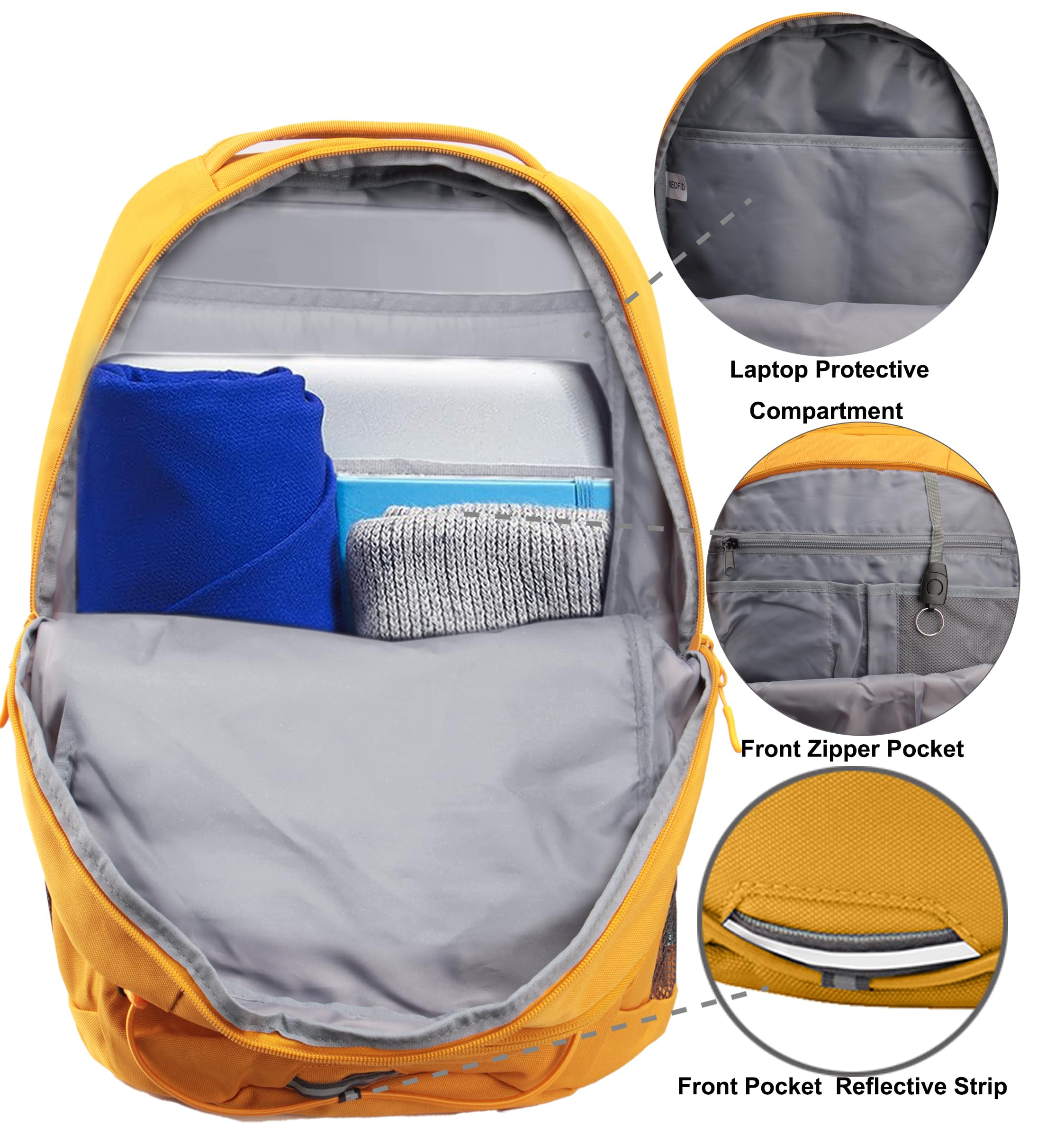 KEOFID Water Resistant Casual Backpack for Men & Women - Lightweight Hiking Daypack for Travel, Sports, College & Outdoor Activities - Durable Black & Yellow Backpack for Commuting, Camping & Daily Use