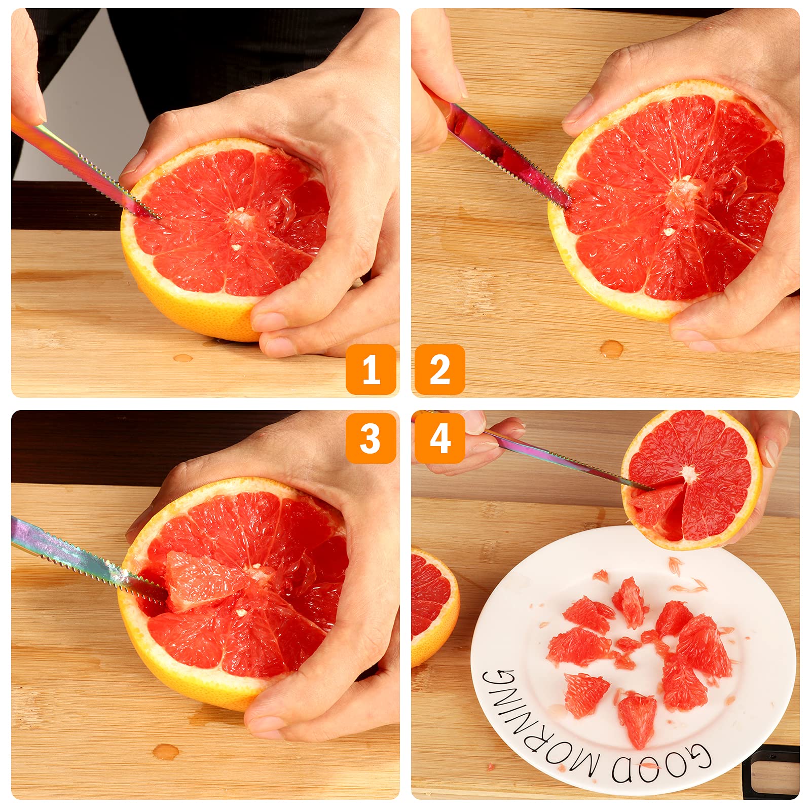 Premium Stainless Steel Grapefruit Spoons & Knife Set - Serrated Edge, Thick Handle, Non-Stick Plating - 5-Piece Rainbow Kitchen Utensils for Fruits, Desserts & Breakfast (Perfect for Grapefruit, Kiwi, Apple & More)
