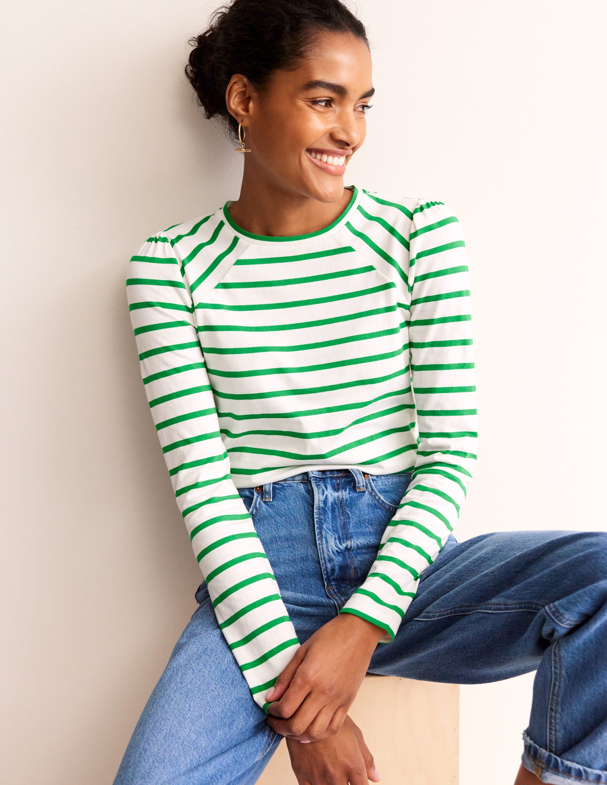 Arabella Striped T-Shirt - Green Tambourine Print Women's Casual Tee for Summer Outfits & Music Festivals